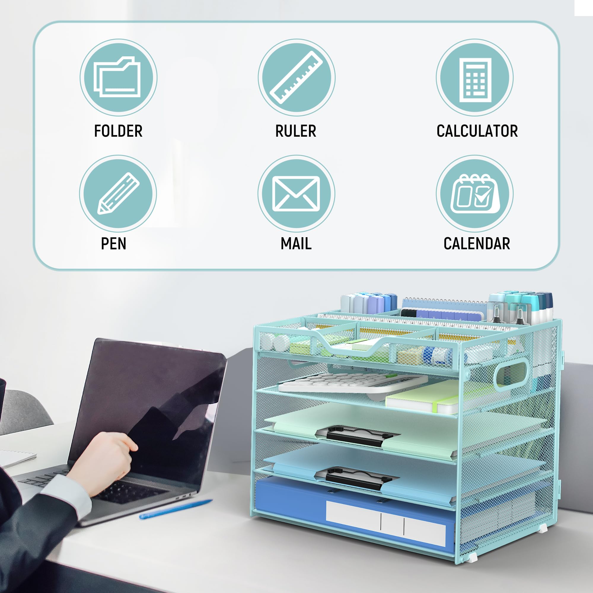 Docnest Organizer da scrivania a 5 ripiani in rete, vassoio per lettere con scomparti regolabili, portapenne e manici integrati, vassoio organizer da scrivania per posta, documenti, forniture per