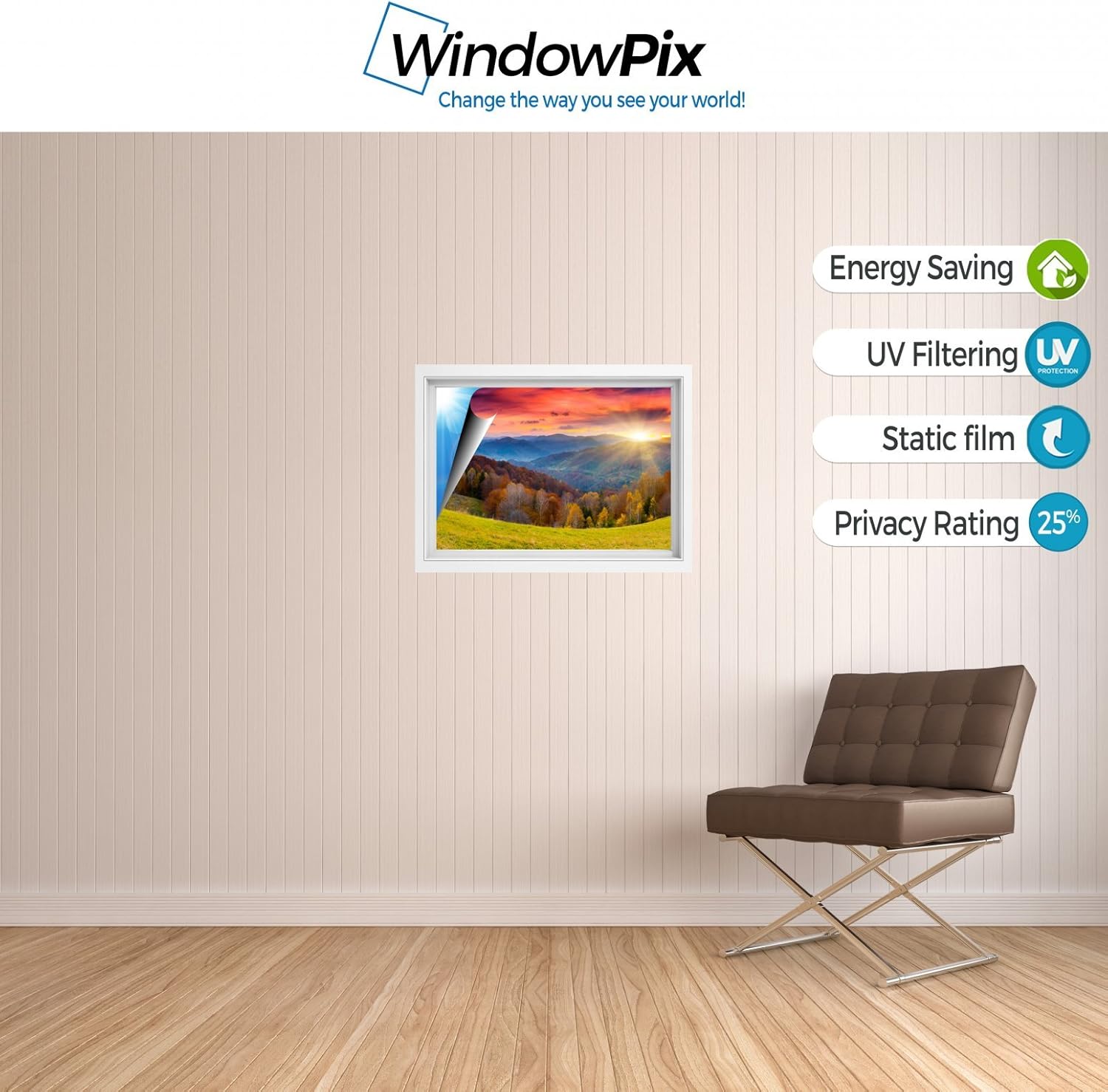 Windowpix 36x24 Inch Decorative Static Cling Window Film Magical Tuscan Sunrise Printed on Clear for Window Glass Panels. UV Protection, Energy Saving.