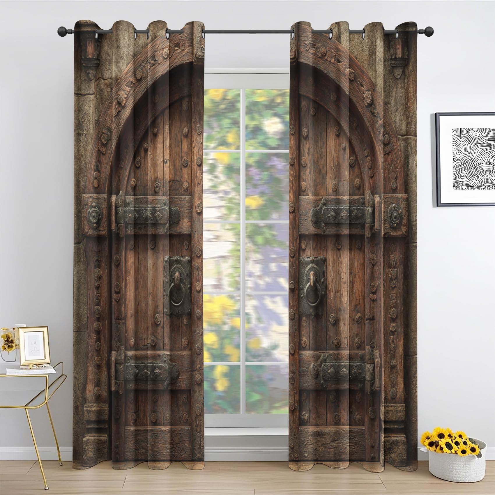 Générique Rideau Motif Porte de Grange - Rideaux Occultant Brun Ferme Rustique - pour Salon Chambre - Rideau Thermique Isolant 2 Panneaux - 117L x 183H cm fS607