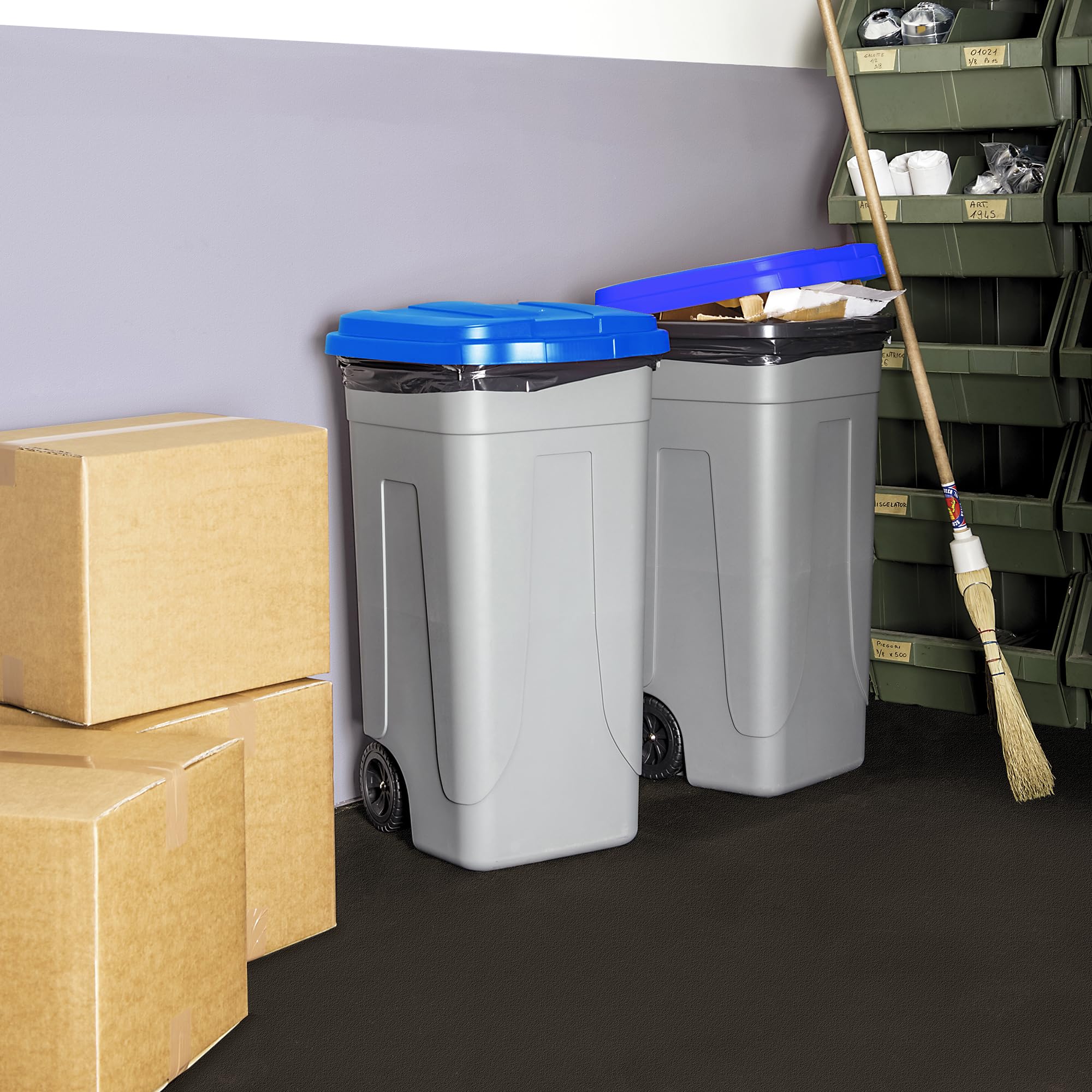 SSS Poubelle de tri sélectif 100 l, Couvercle Bleu brossage et Ordre, chromé, Unique