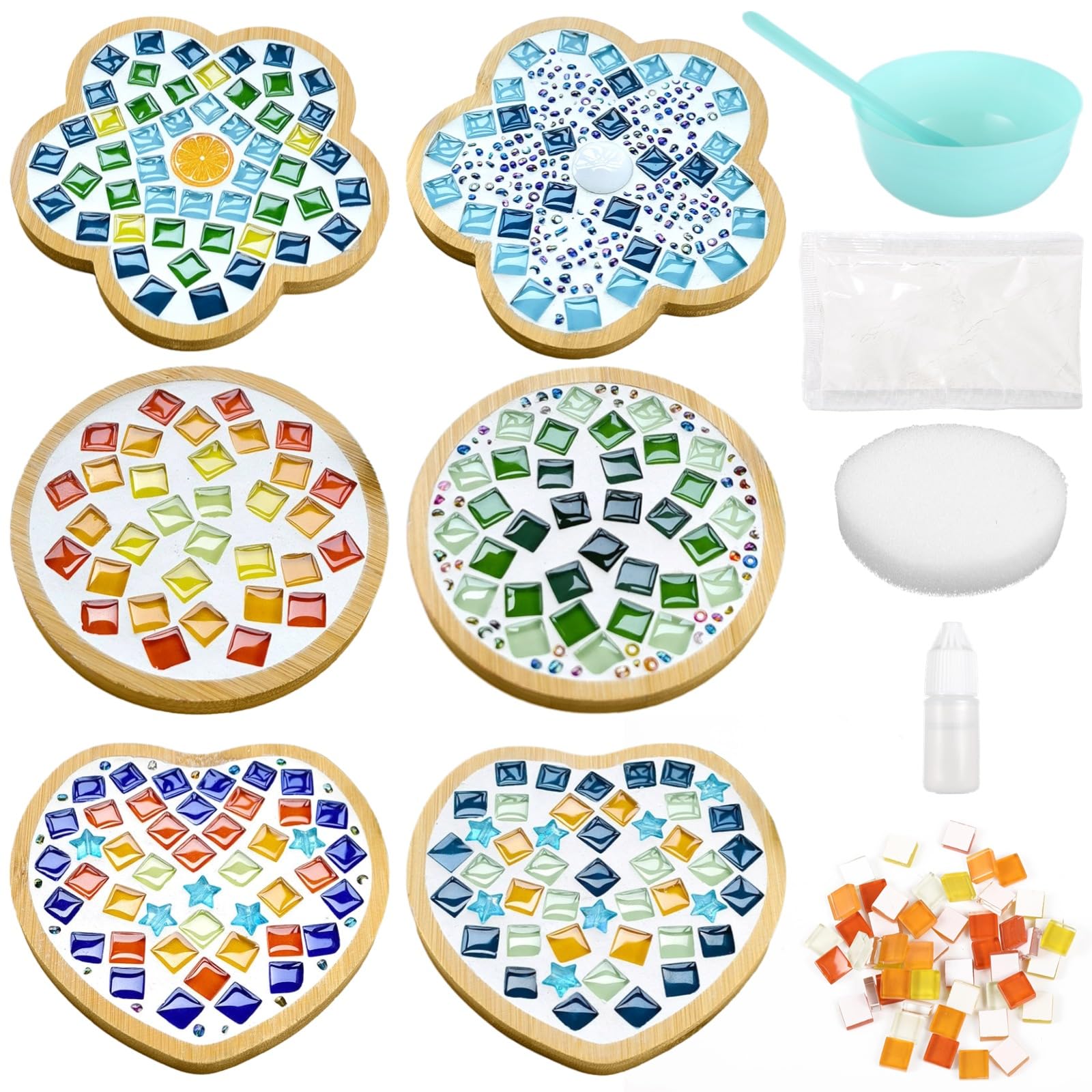 OMISTAR 6 Sets DIY Mosaic Tiles for Cup Pads Crafts, Round Heart Flower Shaped Mosaic Pad Crafts for Coaster Handmade Home Decor Gifts, Mixed Color Mosaic Kits with Wooden Coaster