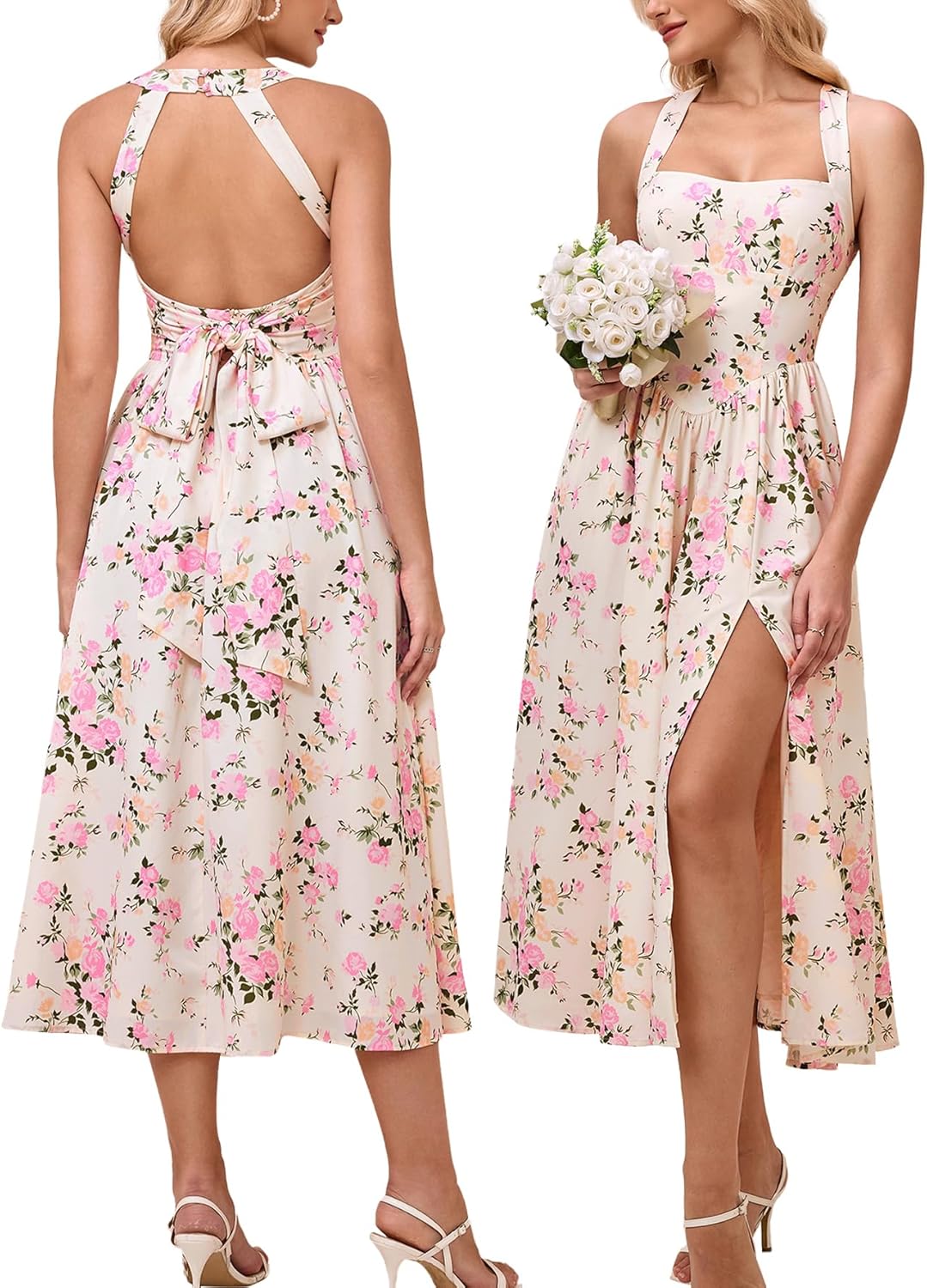 EYNMIN Floral Midi Dress Halter Neck Flowy A Line Split Lace Up Wedding Guest Dresses Casual Sundress for Women 2025