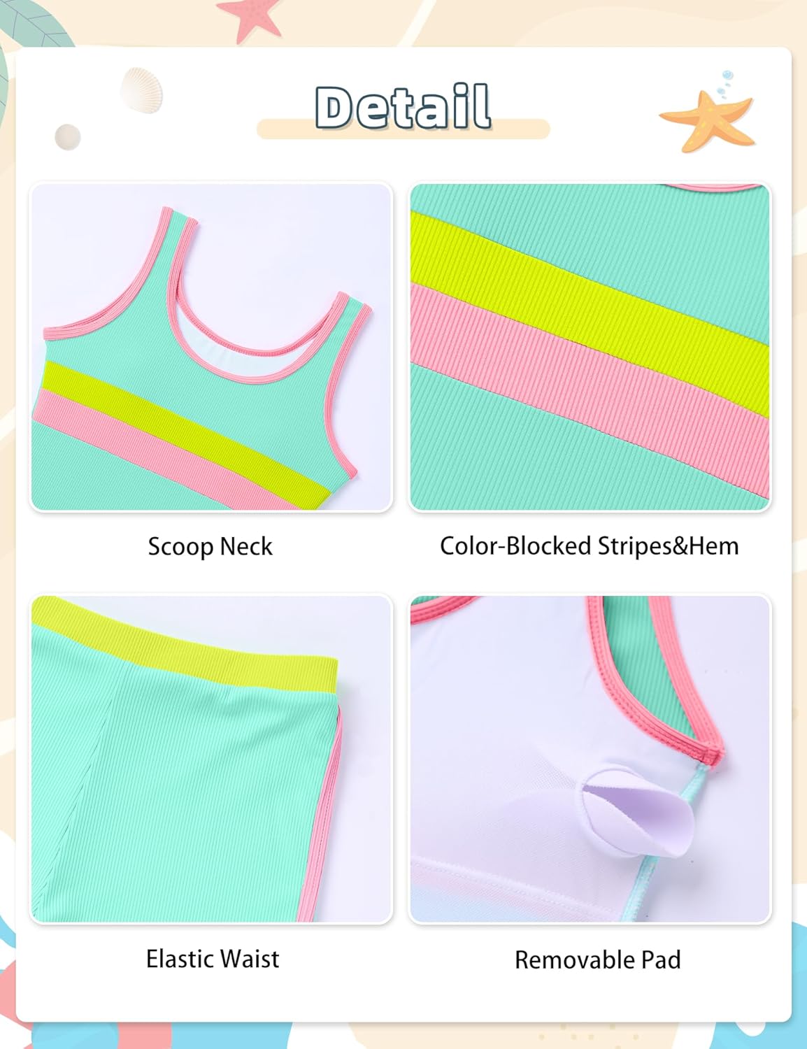 Girls Swimsuit Ribbed Color-Blocked Bathing Suit Scoop Neck Tankini Tops with Boyshort Girls Swimsuits Size 6-14 - Image 5