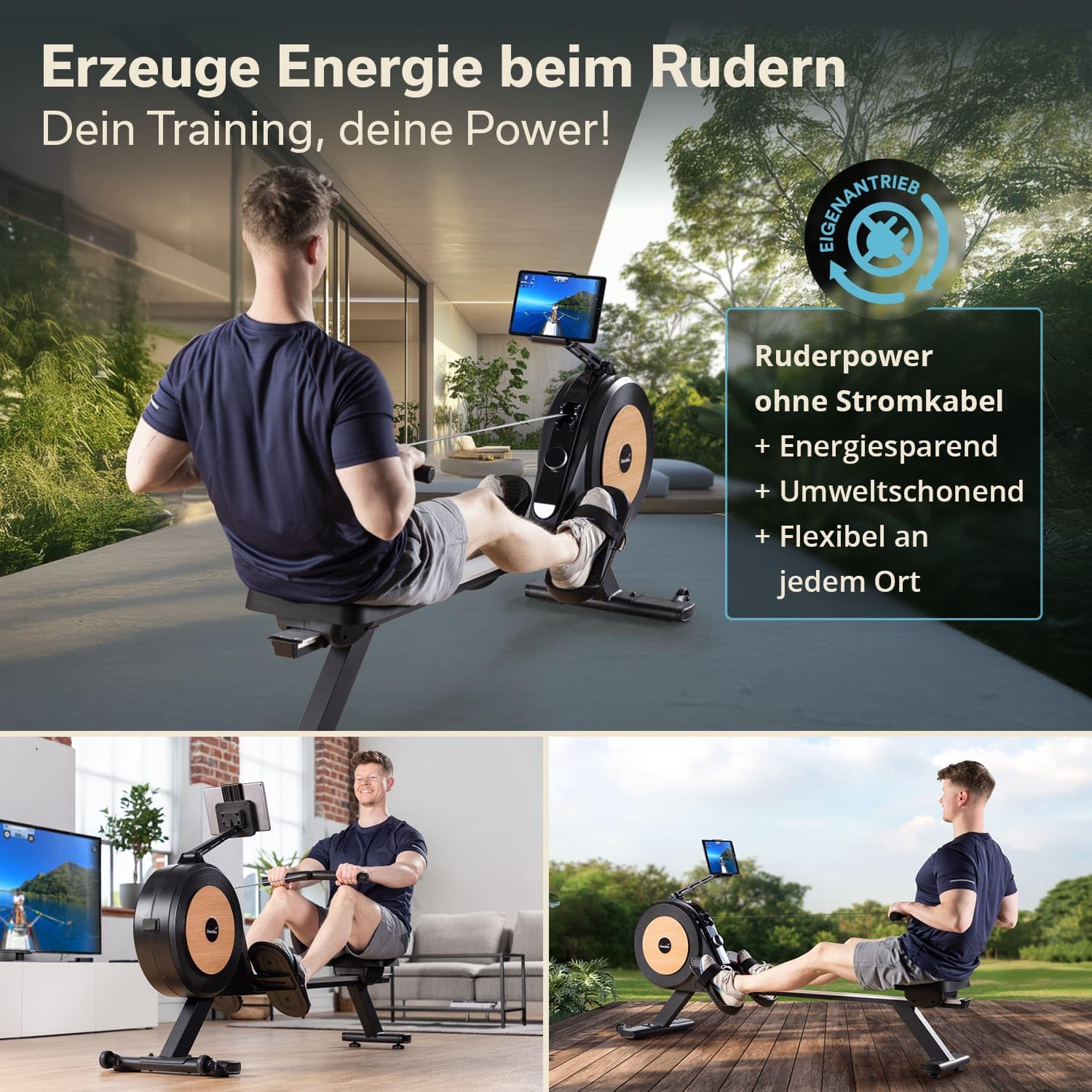 Skandika Njord P6-G Máquina de Remo para casa autogenerada| 32 Niveles de Resistencia eléctrica, hasta 200 cm y 135 kg, Compatible con la App Kinomap
