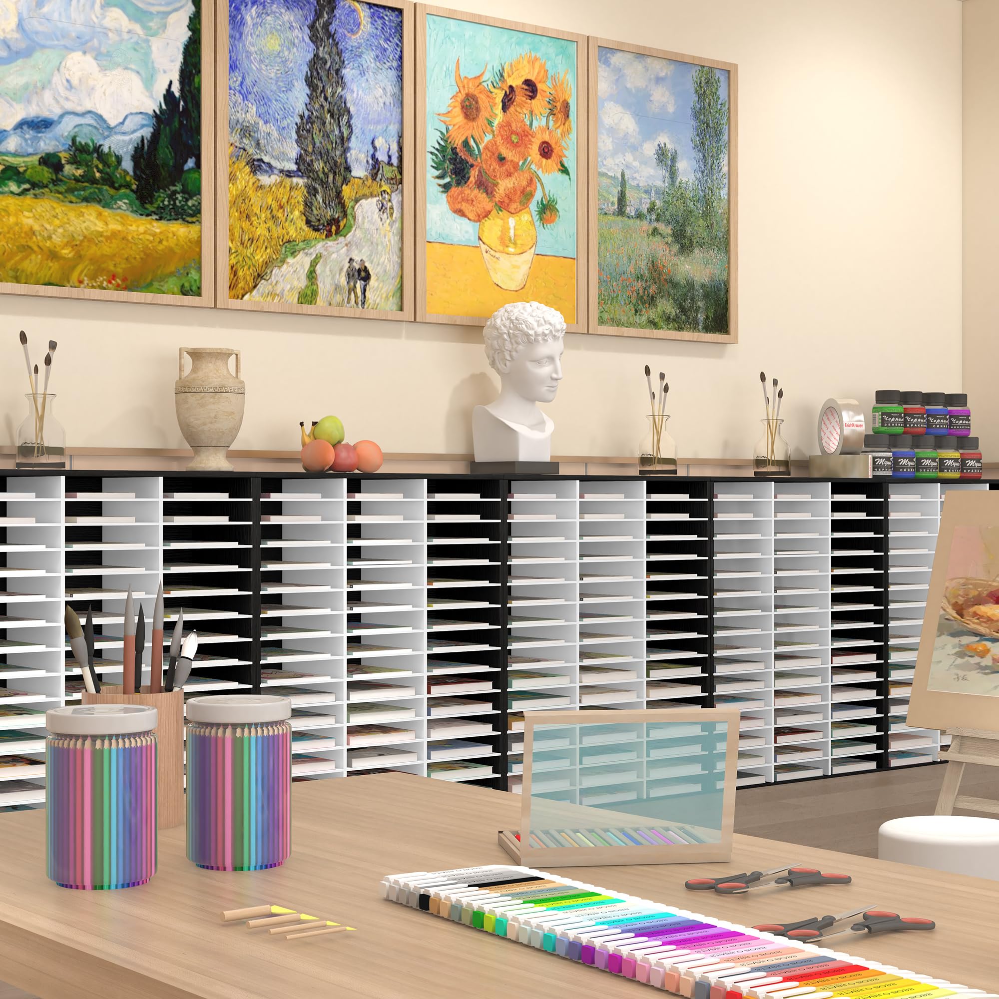 EasyPAG Organizzatori di letteratura da ufficio con 48 scomparti con ripiani regolabili, in legno, per ufficio, casa, aula, organizzazione postale, nero/bianco