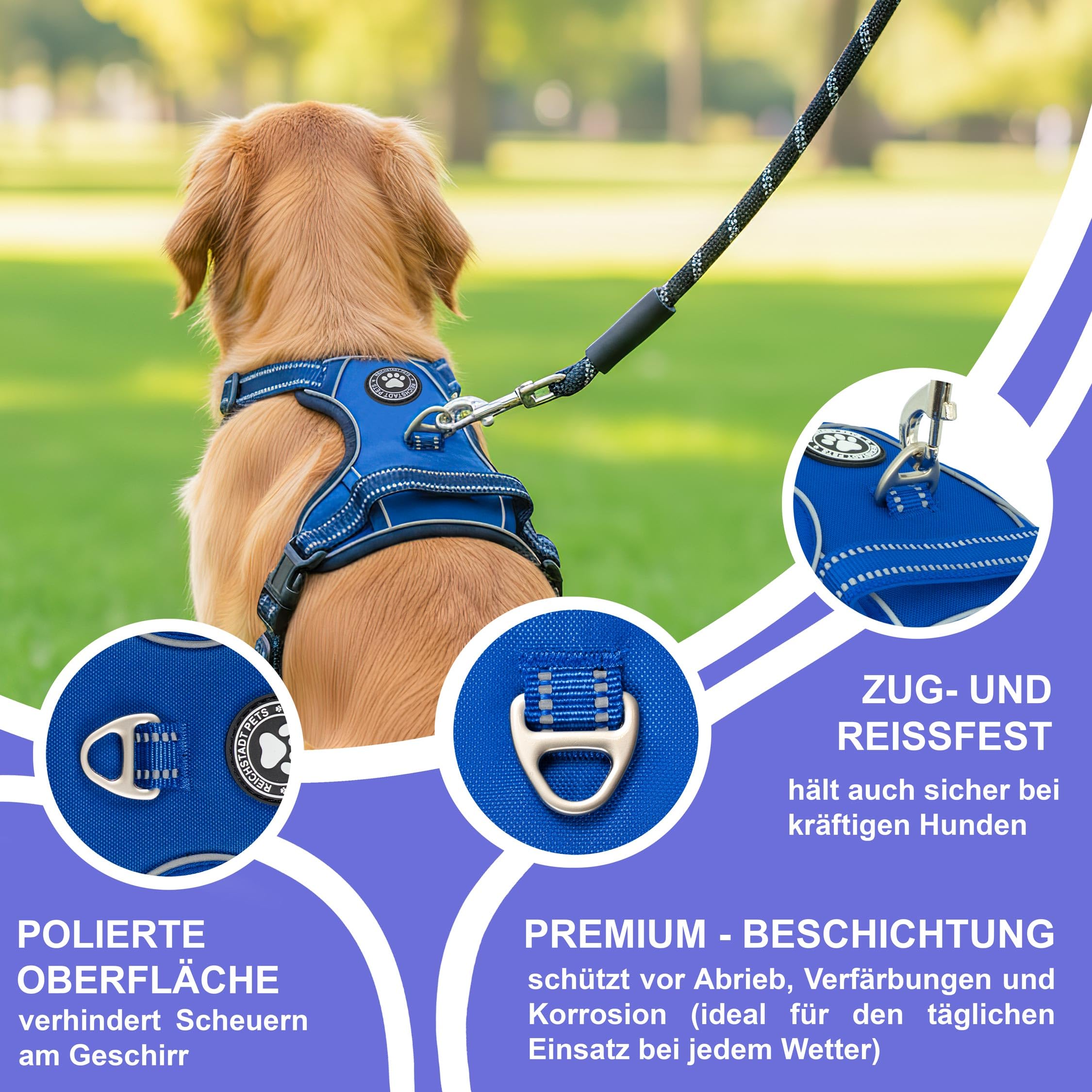 Reichstadt Pets Hundegeschirr Mittlere Hunde 25RSP083 Blue M | Verstellbares No-Pull Geschirr mit Griff & Reflektoren | Atmungsaktiv, Gepolstert & Strapazierfähig | Sicherheitsgeschirr