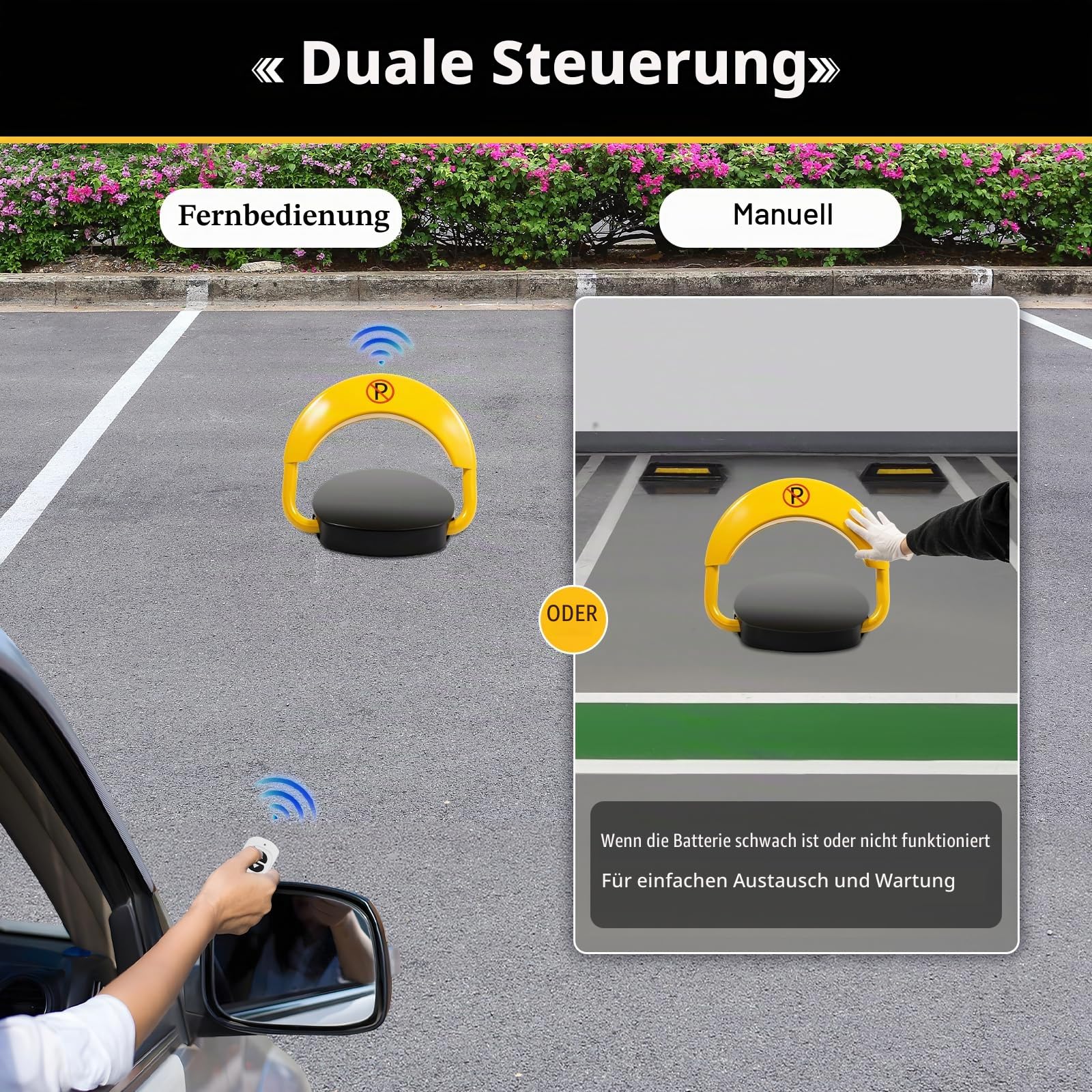 Parkplatzsperre mit 2x Fernbedienung Parkbügel Elektrisch Parkplatzsperre mit Batterie Automatik Klappbar Parksperre Parkplatzsperre Elektrisch mit Reflektor