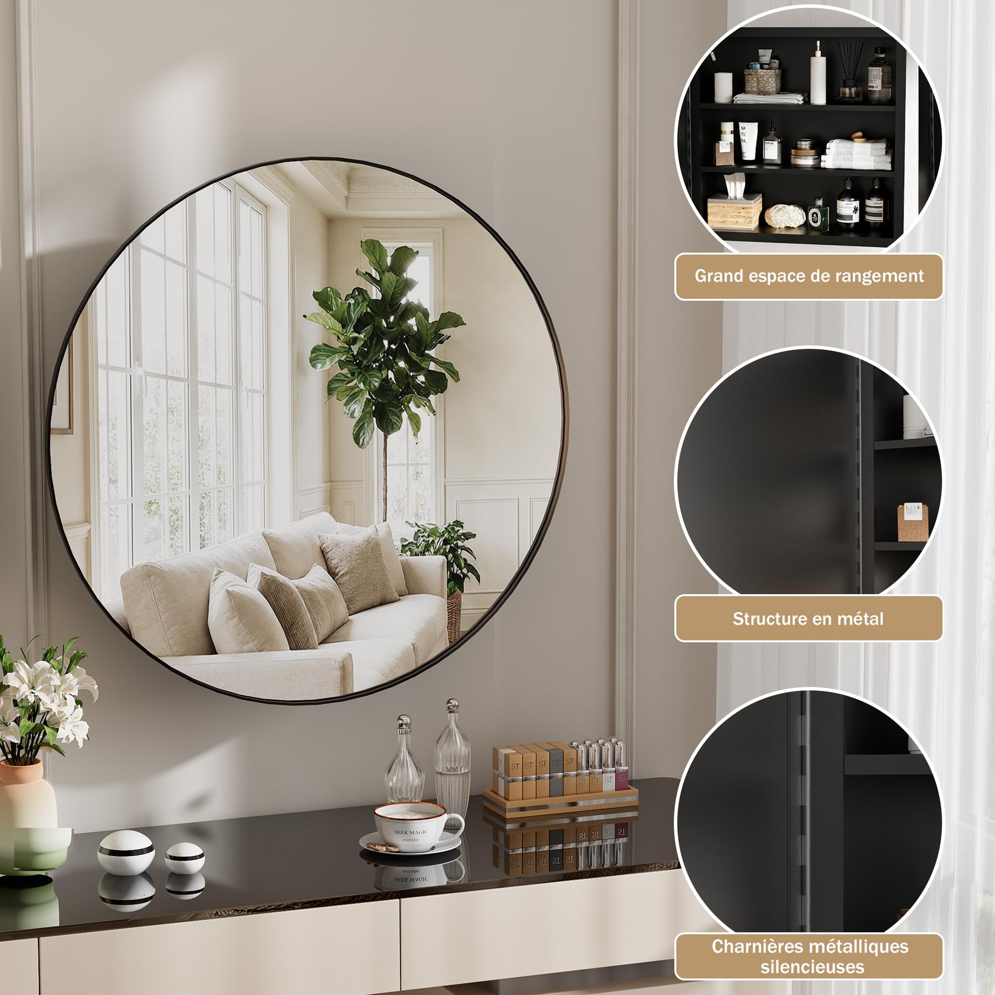 Armoire Salle de Bain avec Miroir Murale Arrondi Métal Armoire de Toilette Miroir avec 2 Étagère Noir (Aucun Assemblage requis) 52x52x12.5 cm