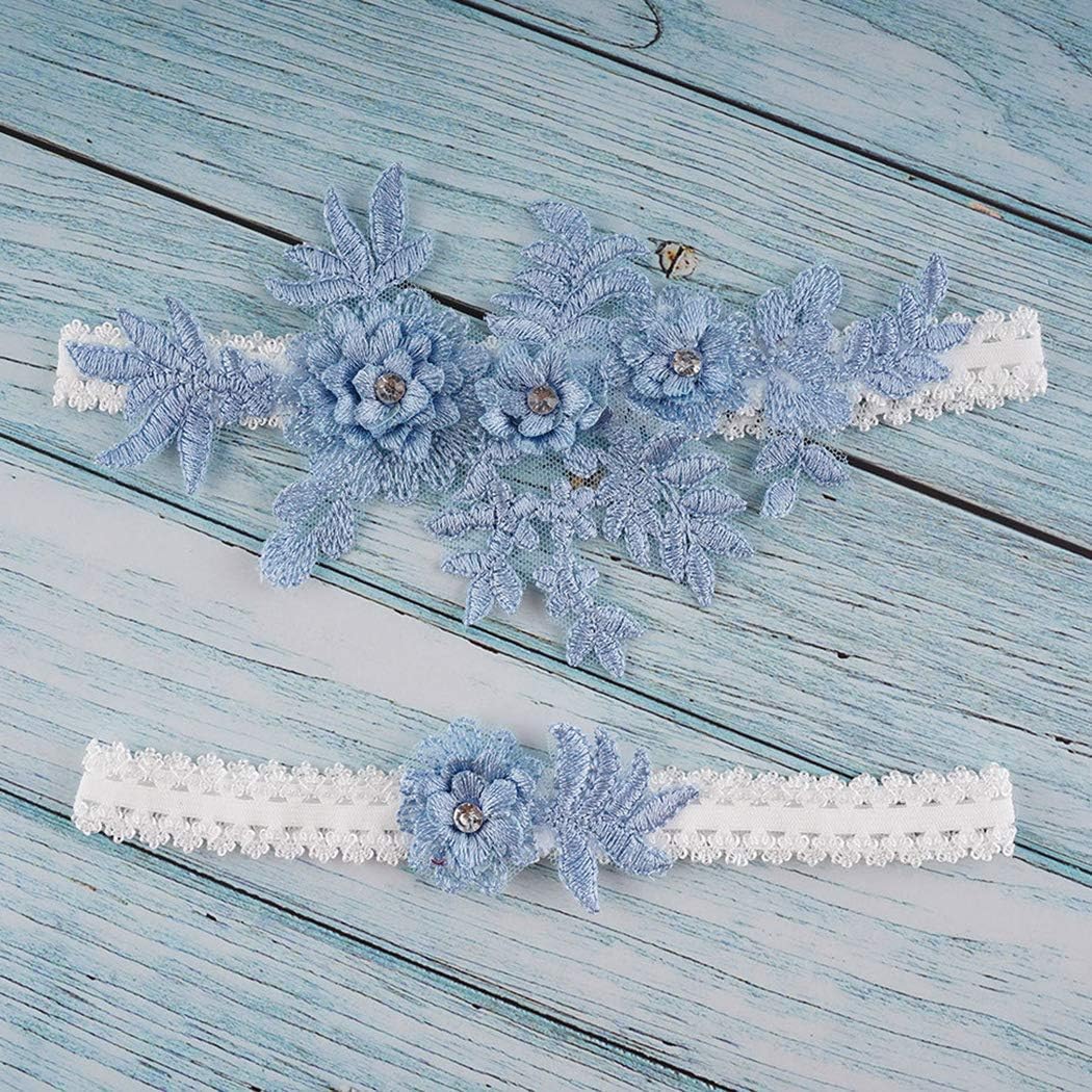 Wedding Garters Set Lace Bridal Garter Stretchy Floral Garter for Bride Blue White