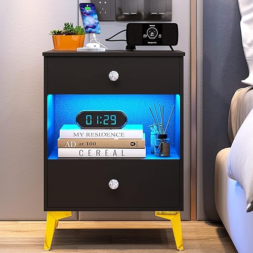 Miniatura 10 de Dystler Mesitas de noche modernas con 2 puertos USB, mesita de noche para dormitorio, mesa auxiliar inteligente con enchufe de alimentación y 2