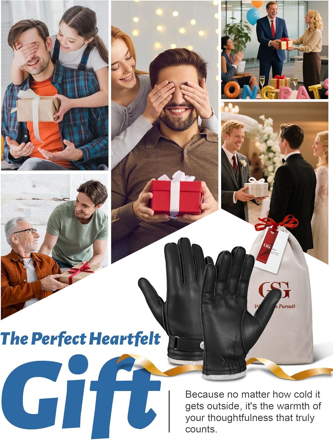 GSG leather gloves for men Sheepskin Classic Driving Gloves Winter Touchscreen Wool Lined Warm Gloves - Image 6