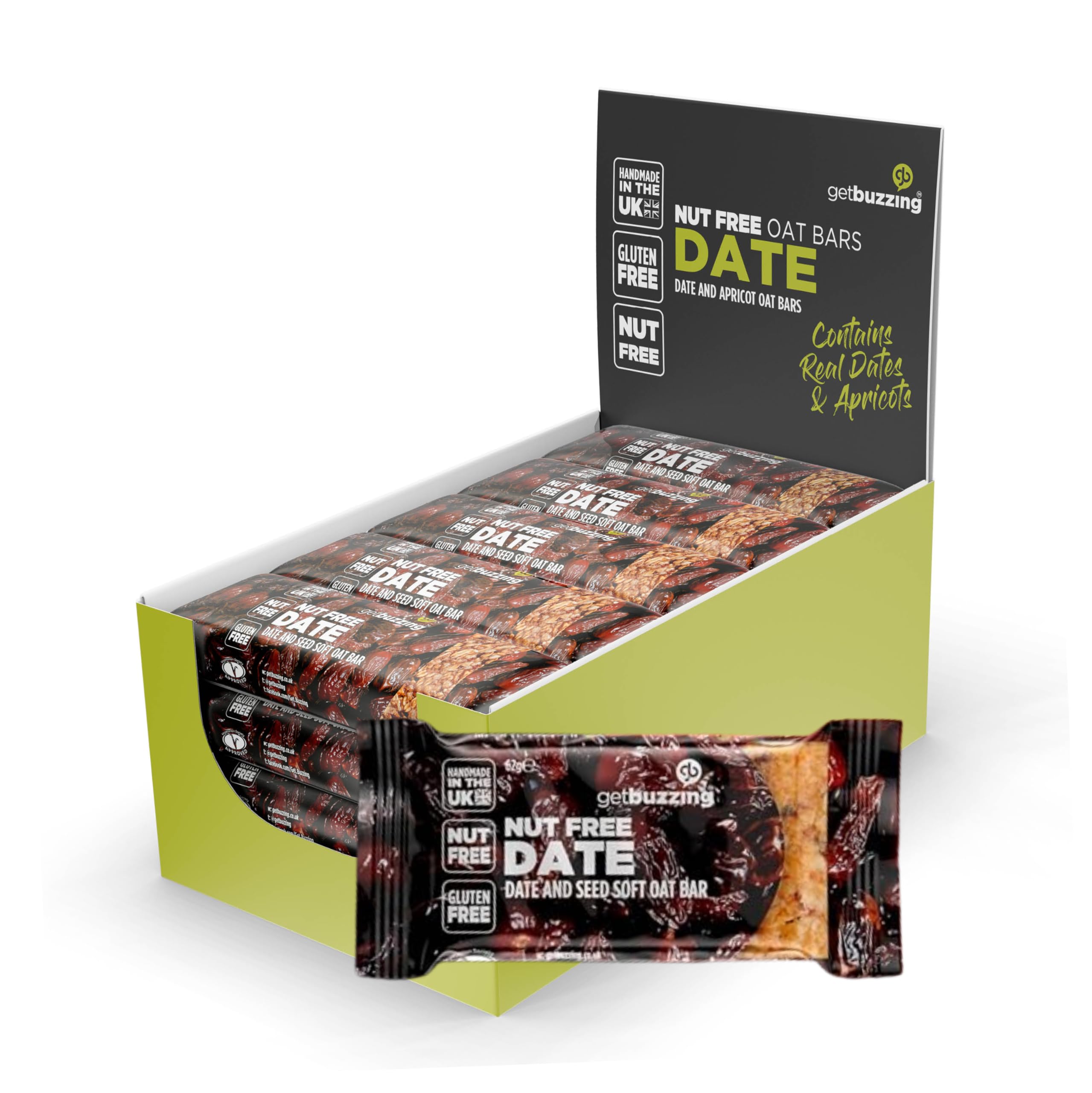 Getbuzzing Nut Free Oat Flapjack Healthy Snack & Energy Bars - Running,Gym, Cycling - Breakfast Snack - Made in The UK - Date & Seed Pack of 20 x 62g Bars