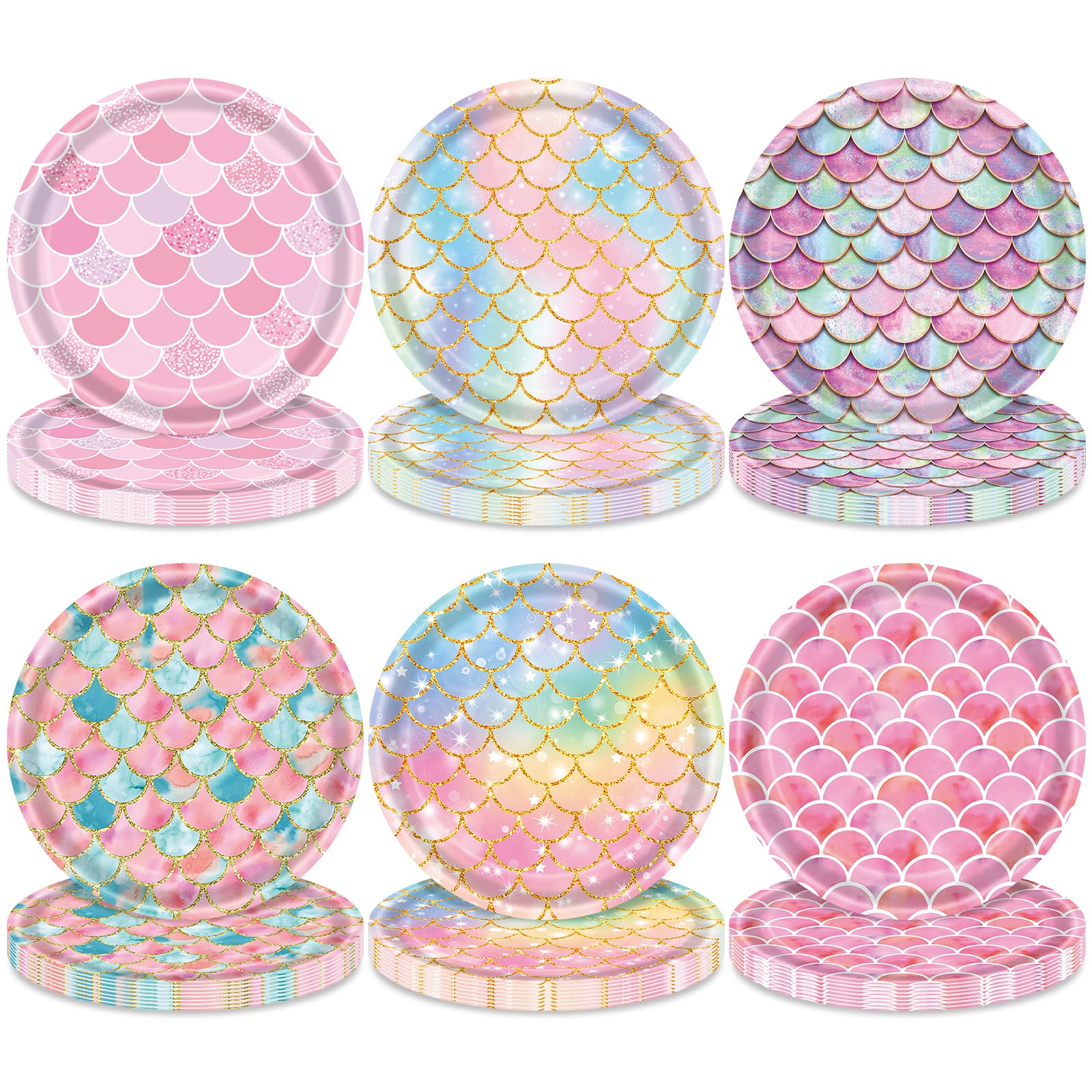 SpinLaLa 60 Pieces Mermaid Scales Paper Dessert Plates – 7-Inch Iridescent Mermaid Party Plates in 6 Designs for Under the Sea, Ocean, and Birthday