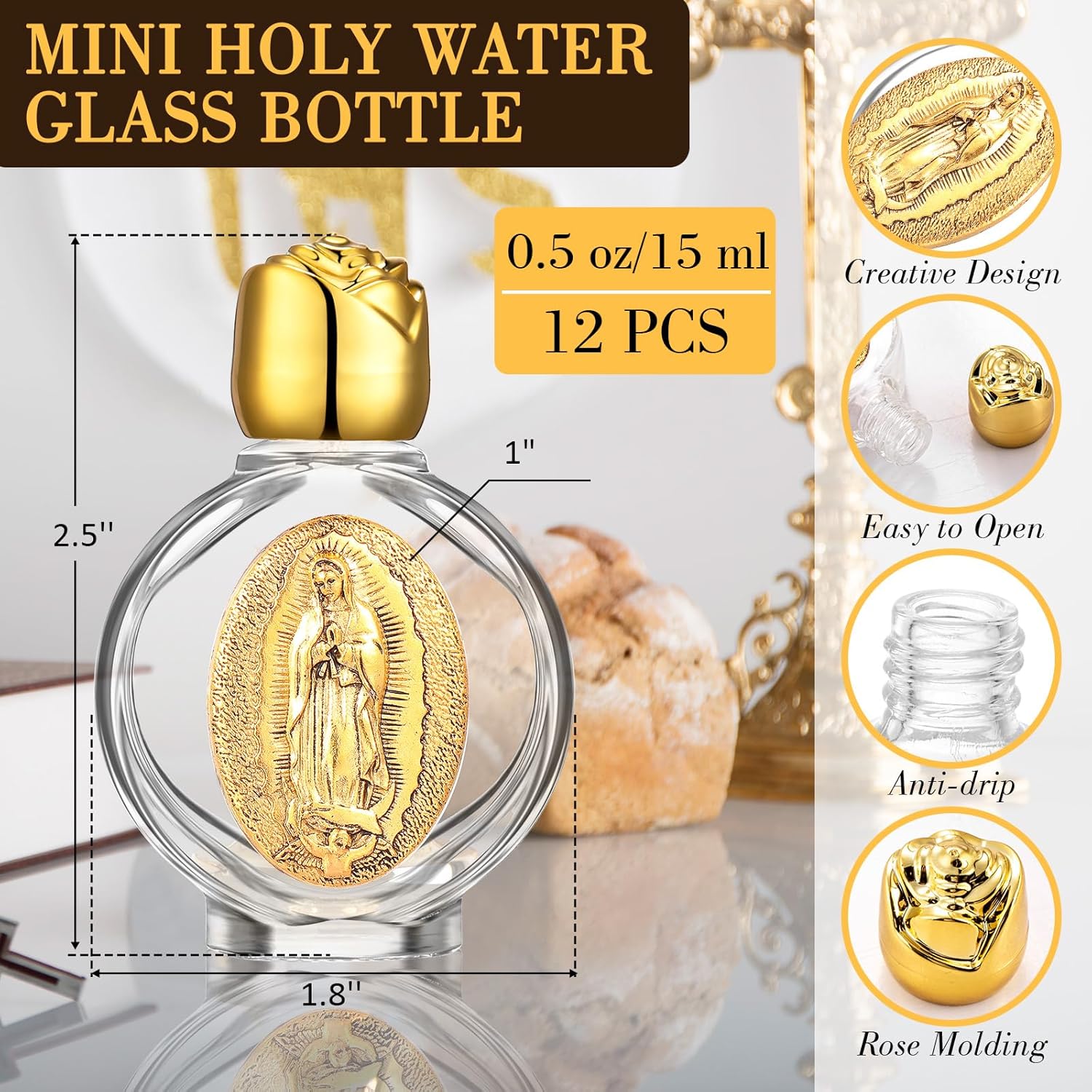 12 Pcs Catholic Holy Water Bottles 0.5 Floz Embossed Glass Holy Water Bottle with Toned Cap and Depiction Communion Gifts for Family Church(Gold,Our Lady of Guadalupe)