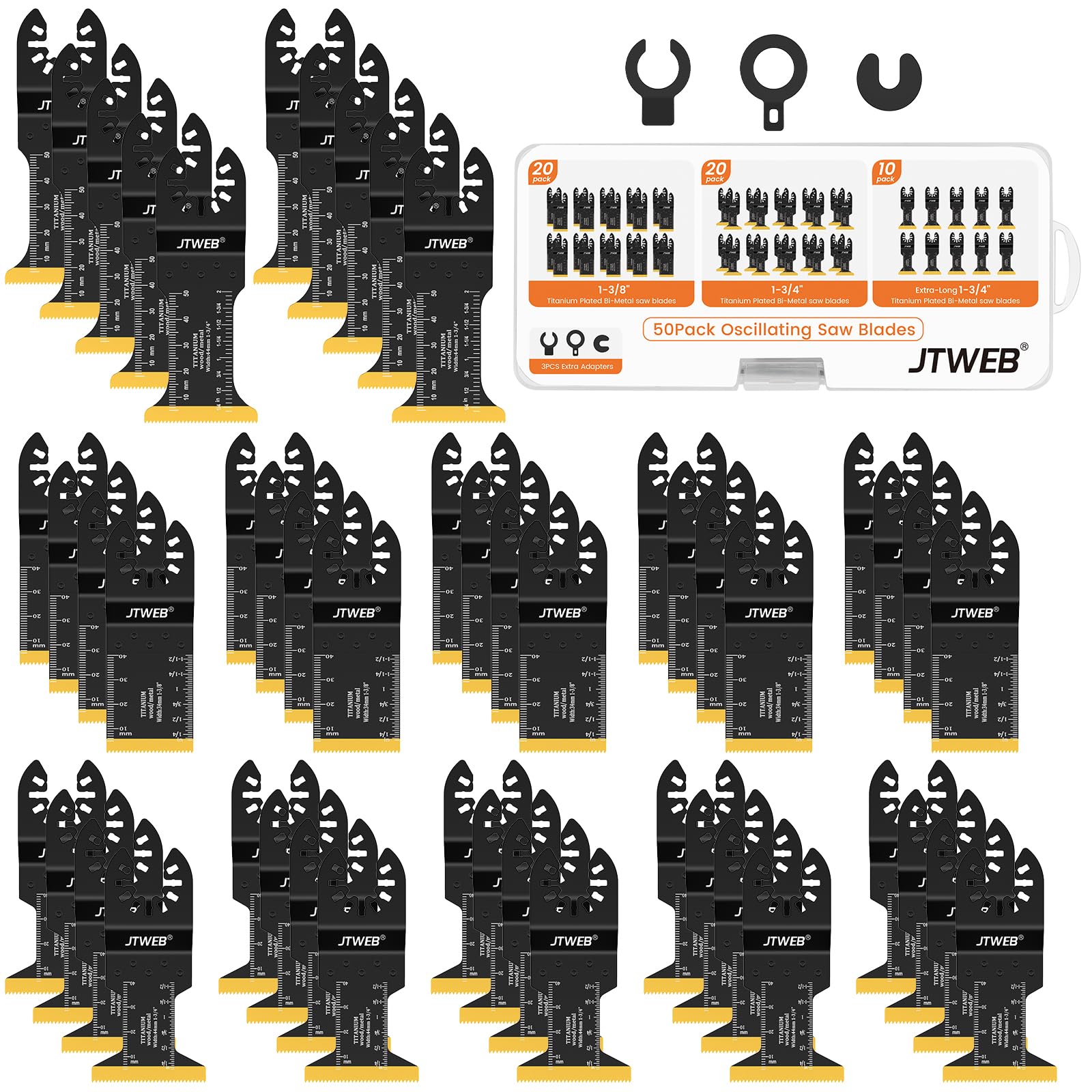JTWEB 50 cuchillas oscilantes de titanio multiherramienta, cuchillas oscilantes para clavos de metal, hojas de sierra oscilantes, corte de metal, kits de cuchillas multiherramienta de madera y