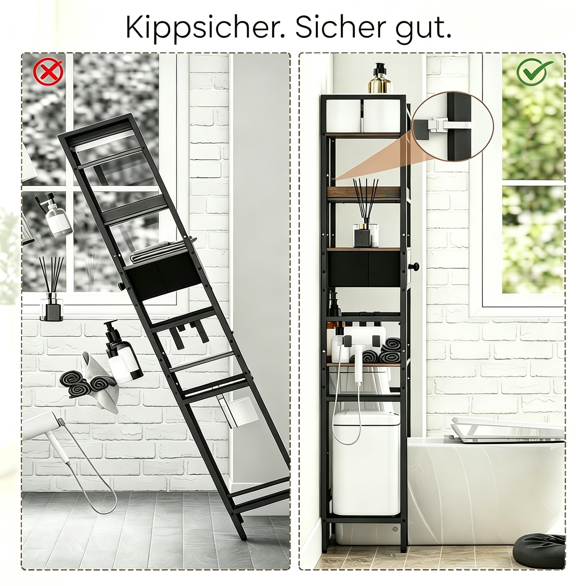 Toilettenregal Einfache Montage für Badezimmer, Braun | Wasserdicht, Platzsparend, mit Körben Haken, Ohne Bohren, Metall & Holzwerkstoff, Vielseitig einsetzbar, Höhenverstellbar