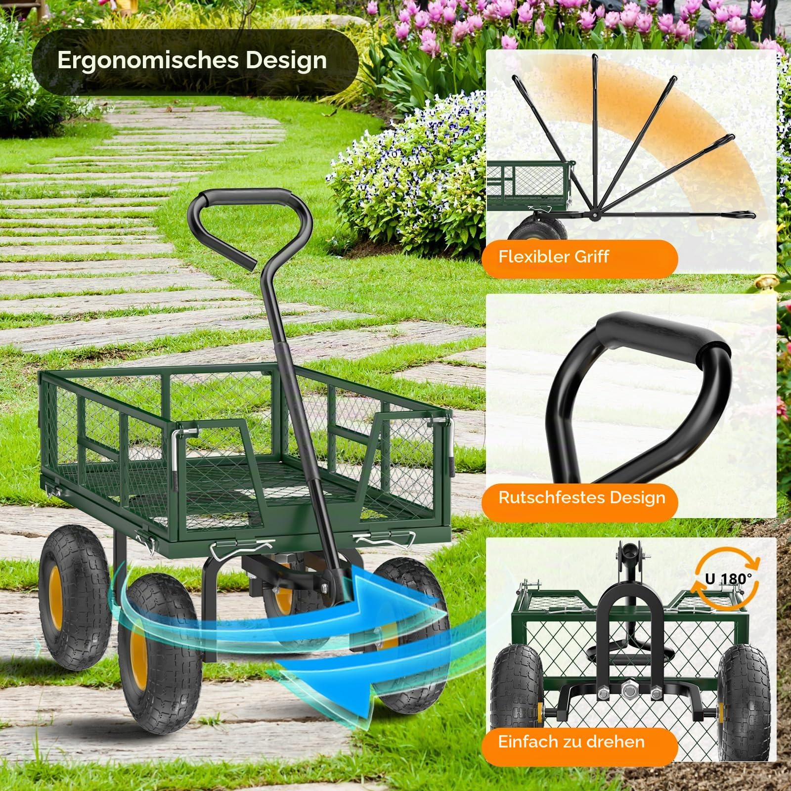 Bonnlo Gartenwagen, Bollerwagen Metall mit 180° drehbarem Griff und abnehmbarem Eisennetz, 363 kg Schwerlast-Nutzwagen, Kippwagen für Garten, Rasen und Landschaftsbau (Grün, 95,5 x 51 x 90 cm)