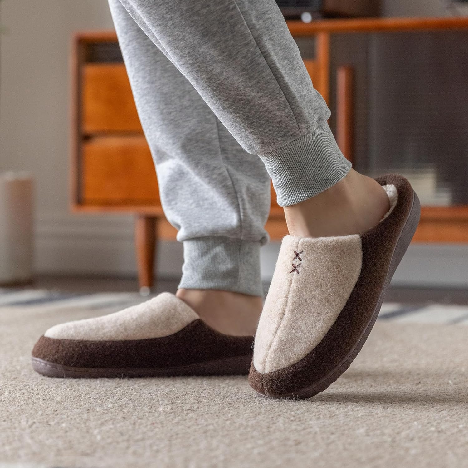 Mens Two-Tone Scuff Slippers with Memory Foam Cozy Warm Slip On House Shoes for Indoor Outdoor Gifts for Men Him Dad - Image 2