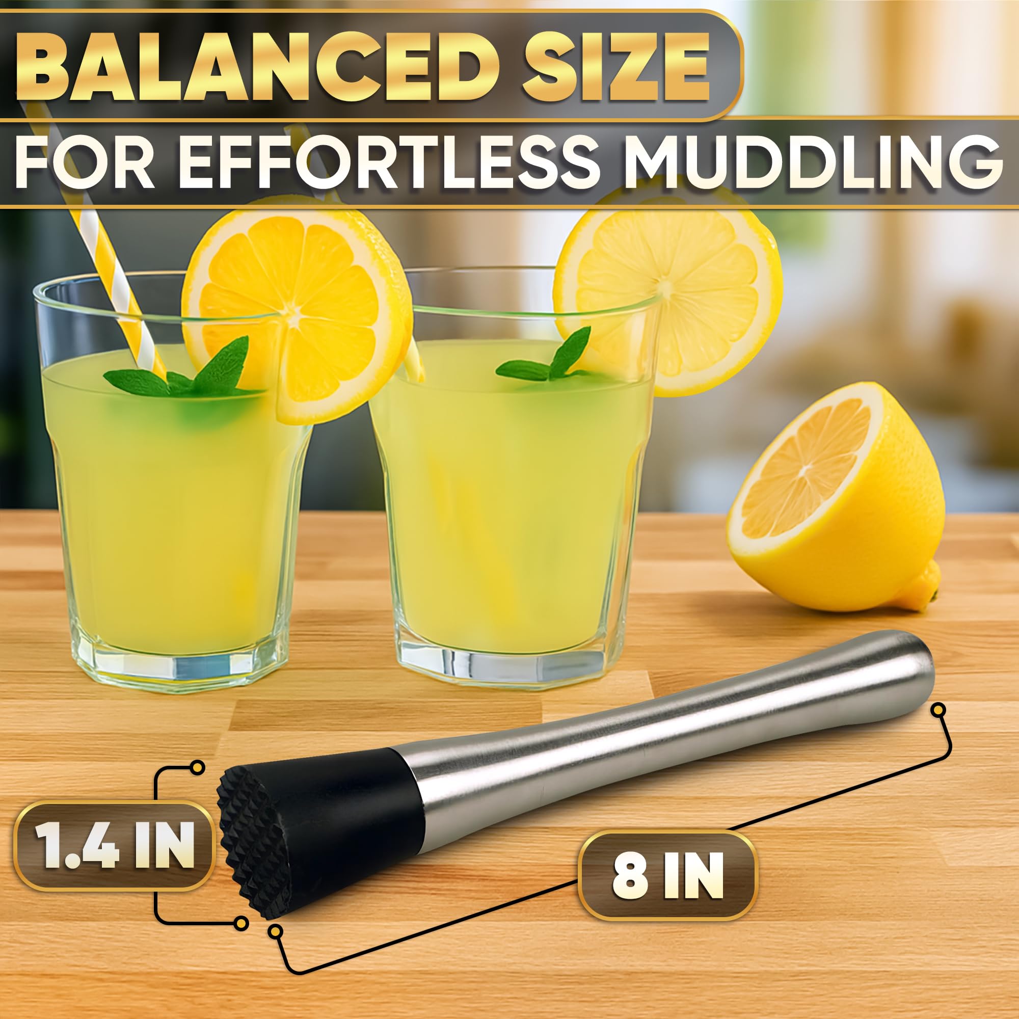 Muddler per cocktail - Strumento per cocktail da 20,3 cm con manico in acciaio inossidabile e testa scanalata in nylon - Frusta per bevande, mojito, menta, limoni, erbe, cocktail estivi e cocktail