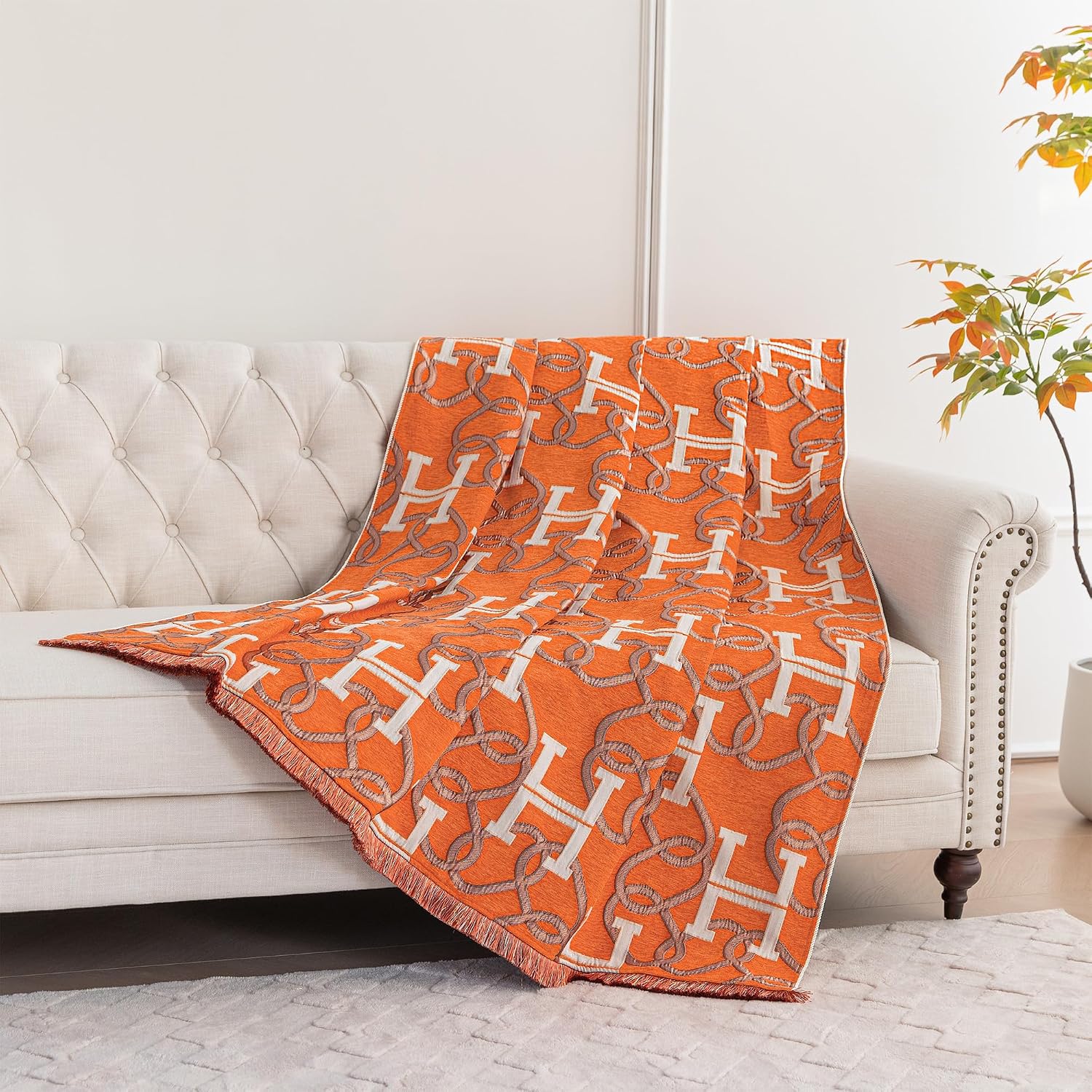 Modern Letter H Throw Blanket for Couch, Luxury Chain Pattern Jacquard Weighted Blanket with Fringe, Chenille Soft Cozy Blanket for Sofa Bed Living Room Chic Home Decor(52”x 72”, Orange)