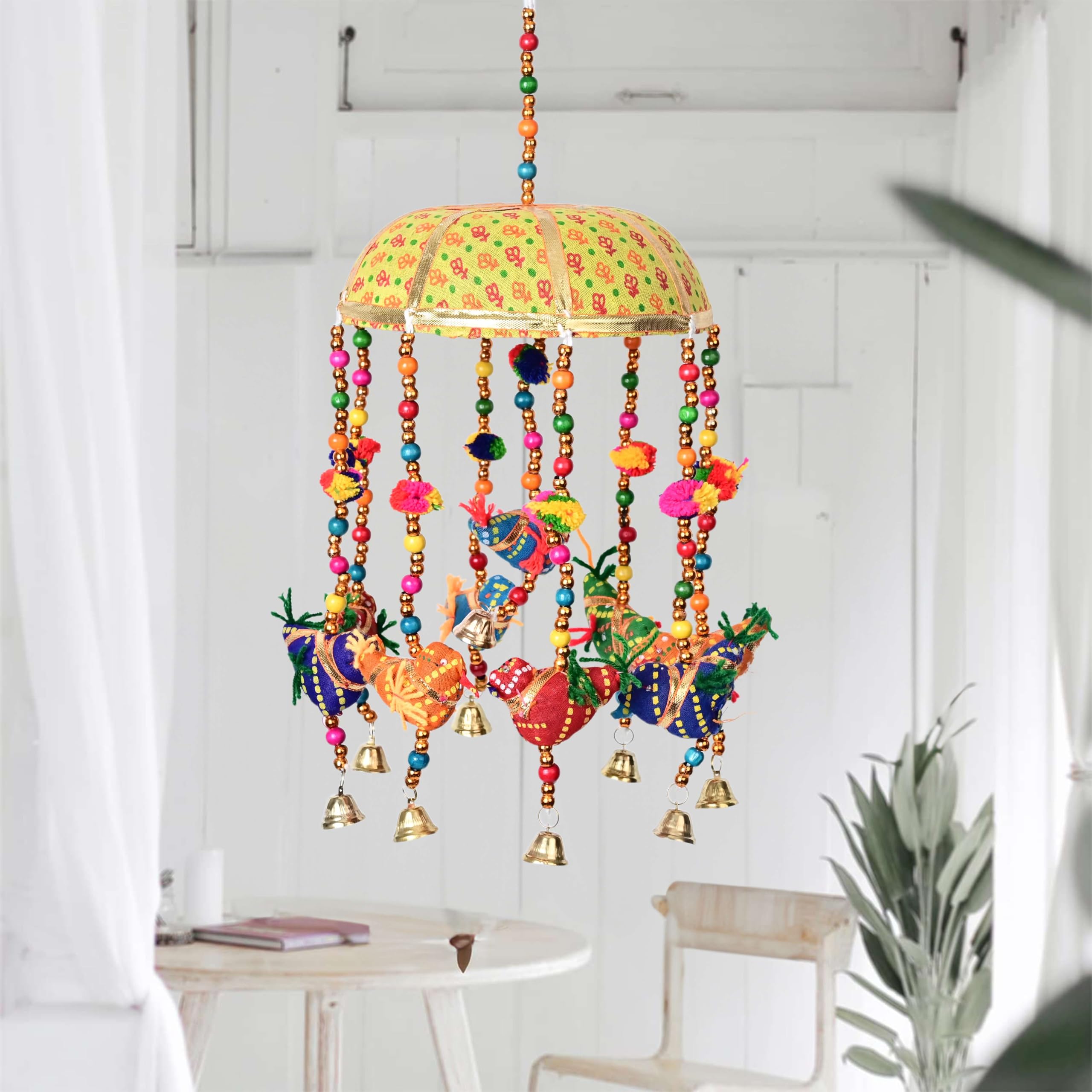 Rajasthani Multicolor Bird Jhoomer with Bell - Decorative Wind Chimes for Door & Wall Hanging, Ideal Home Decor & Gift Showpiece (Yellow)-image-17