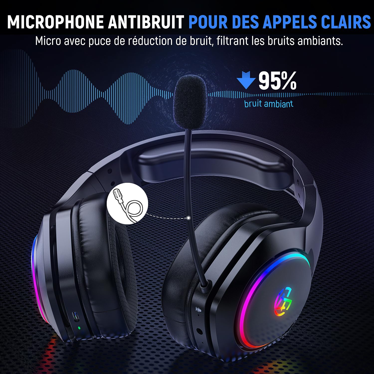 Tatybo - Auriculares Gaming Inalámbricos con Micrófono de Ruido Ambiental, 7.1 Sonido Envolvente, Batería de 35H, Transductores de 50 mm, Auriculares Transpirables para ps5 PC ps4 Switch