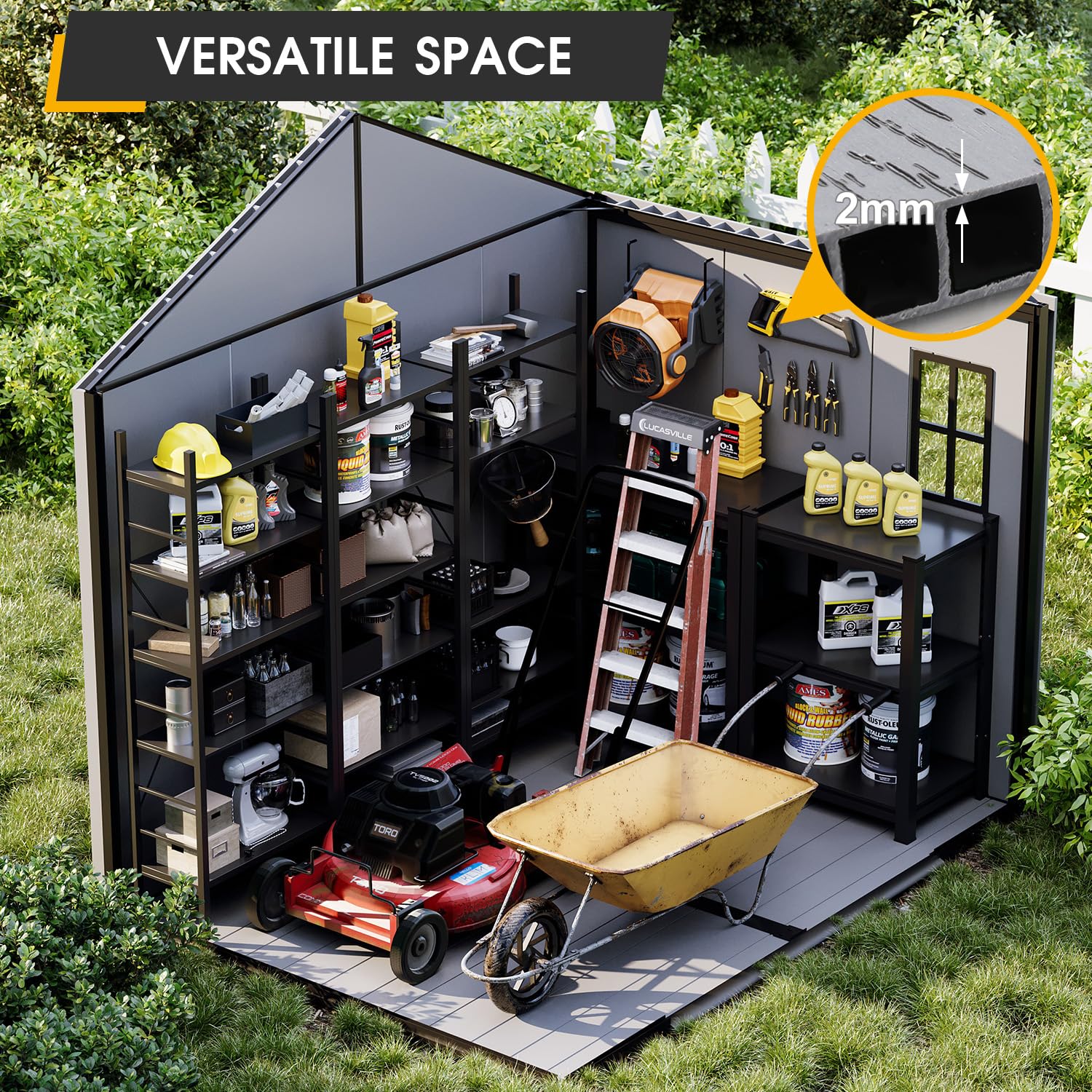 MELLCOM 8 x 6 FT Resin Outdoor Storage Shed with Floor, Outdoor Storage Tool Shed with Windows and Lockable Door, Resin Garden Shed for Lawnmower, Bike, Pool Supply - 4