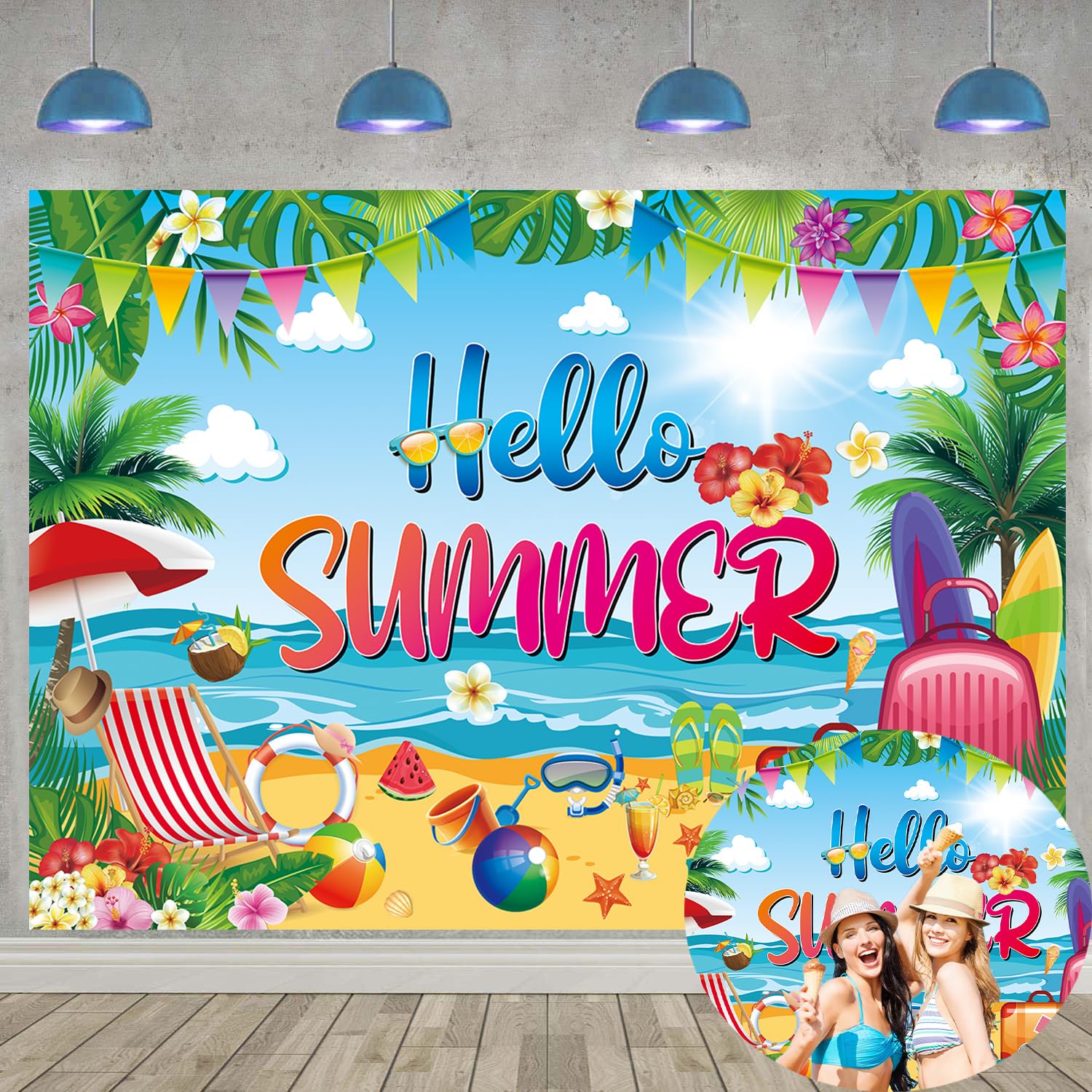 Hello Summer Banner Backdrop 7x5FT Tropical Hawaiian Beach Photography Background Welcome Summer Beach Pool Party Decorations Supplies
