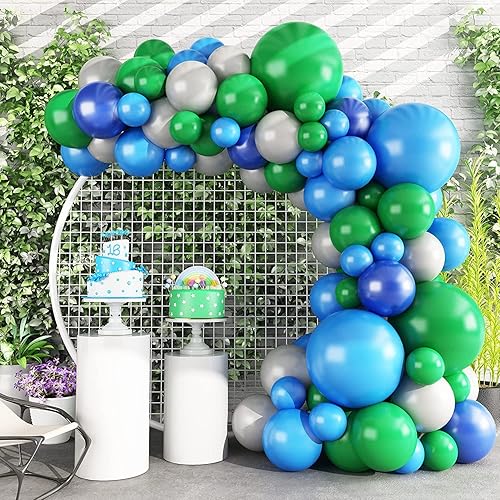Kit de guirnalda de globos azul y verde, arco de guirnalda de globos de safari en la selva con globos de látex verde, azul, gris, para niños y