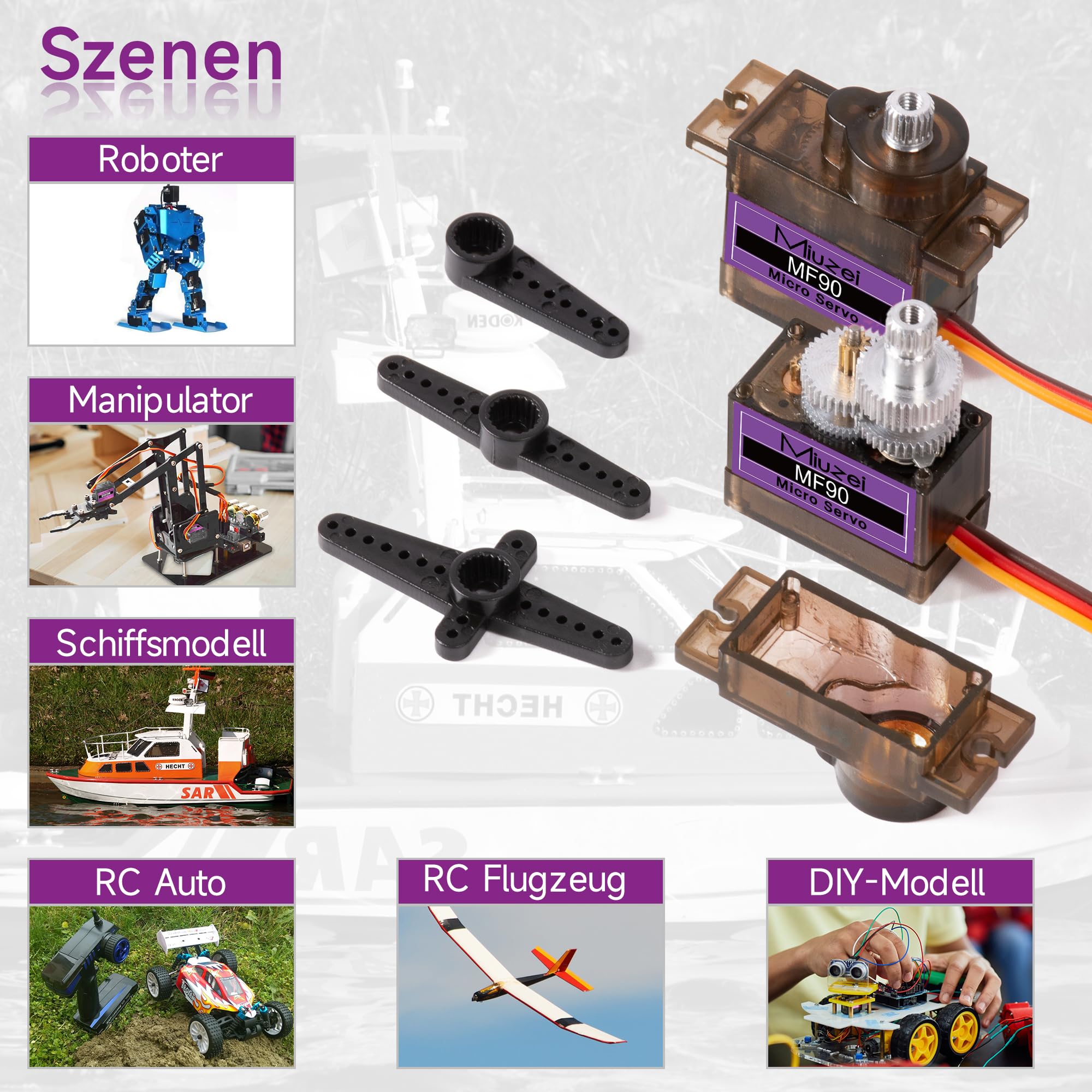 Miuzei Serwo metalowa skrzynia biegów 90 serwo silnik do silników Arduino, mikro serwo, mini serwa, modelarstwo, do modeli RC, sztywne skrzydła, samochód 1/10 1/8 1/12, robot i inteligentny DIY (6 sztuk)
