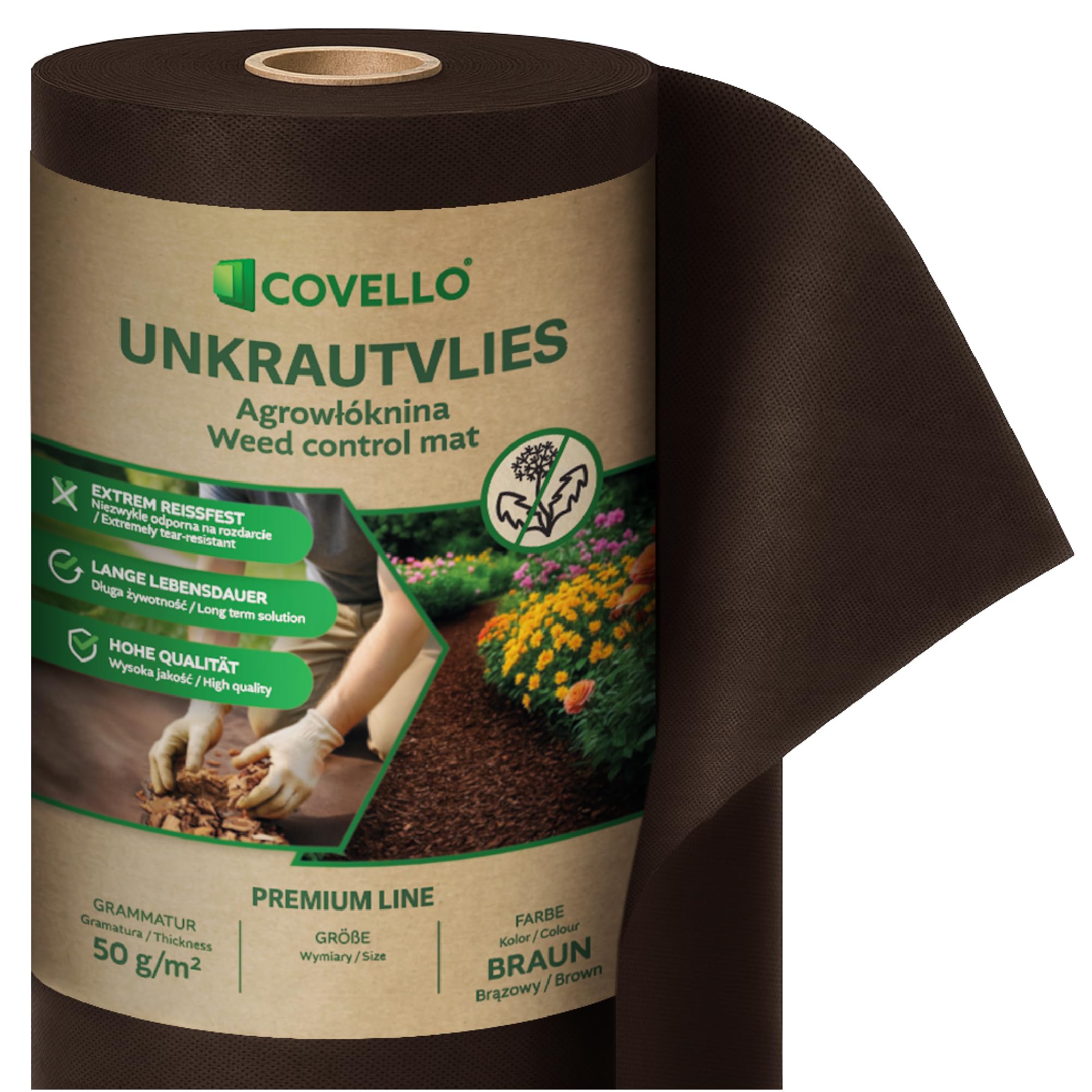 Covello reißfestes braunes Unkrautvlies 50g/m² - Unkrautfolie wasserdurchlässig ideal unter Pinienrinde - Unkrautvlies für Garten - Gartenvlies gegen Unkraut hohe UV-Stabilisierung - 8m² (10mx0,8m)