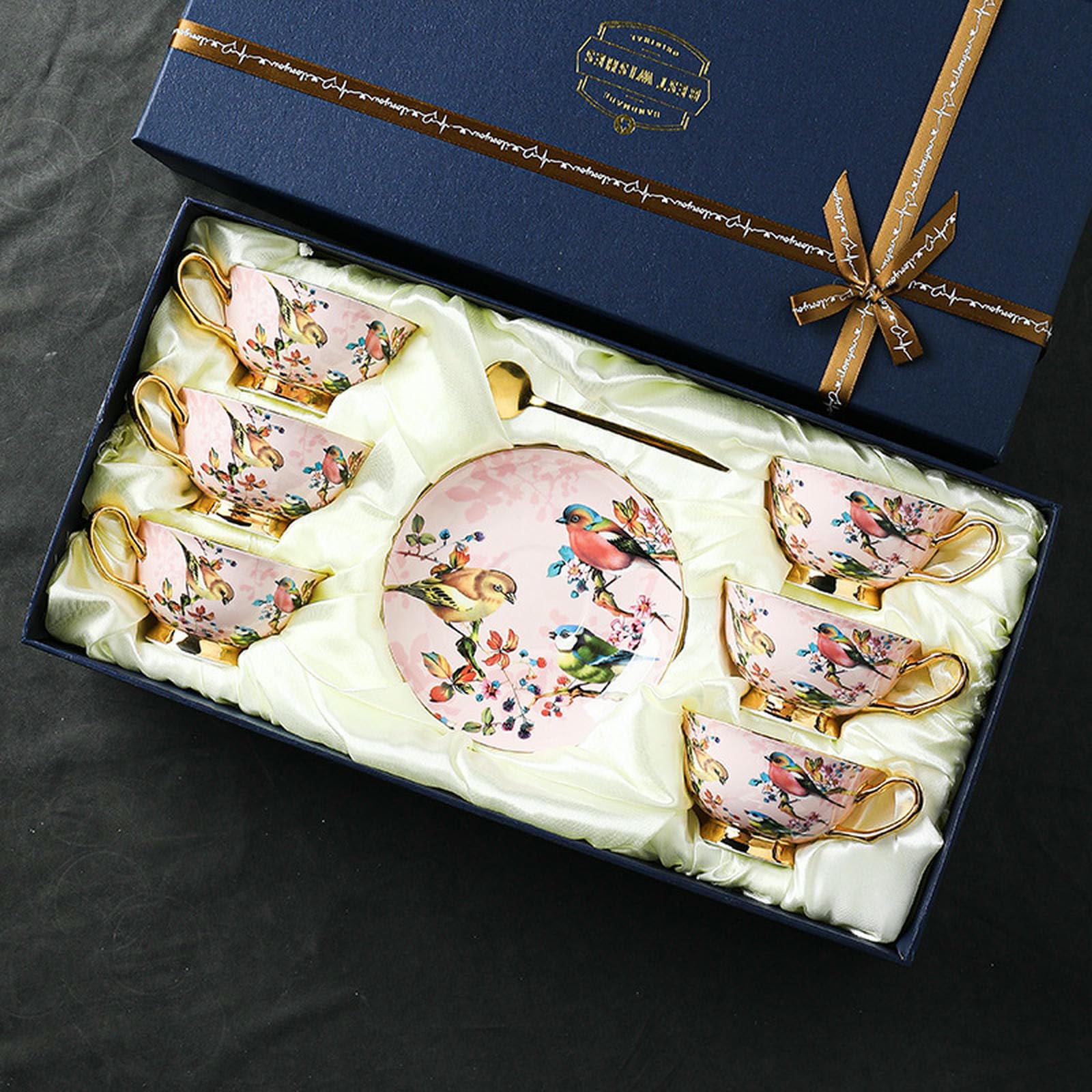 Kreatywny i spersonalizowany zestaw filiżanek do kawy, porcelana kostna popołudniowa herbata domowa filiżanka do herbaty - różowy ptak 2 filiżanki 2 talerze 2 łyżki 1 uchwyt na kubek pudełko