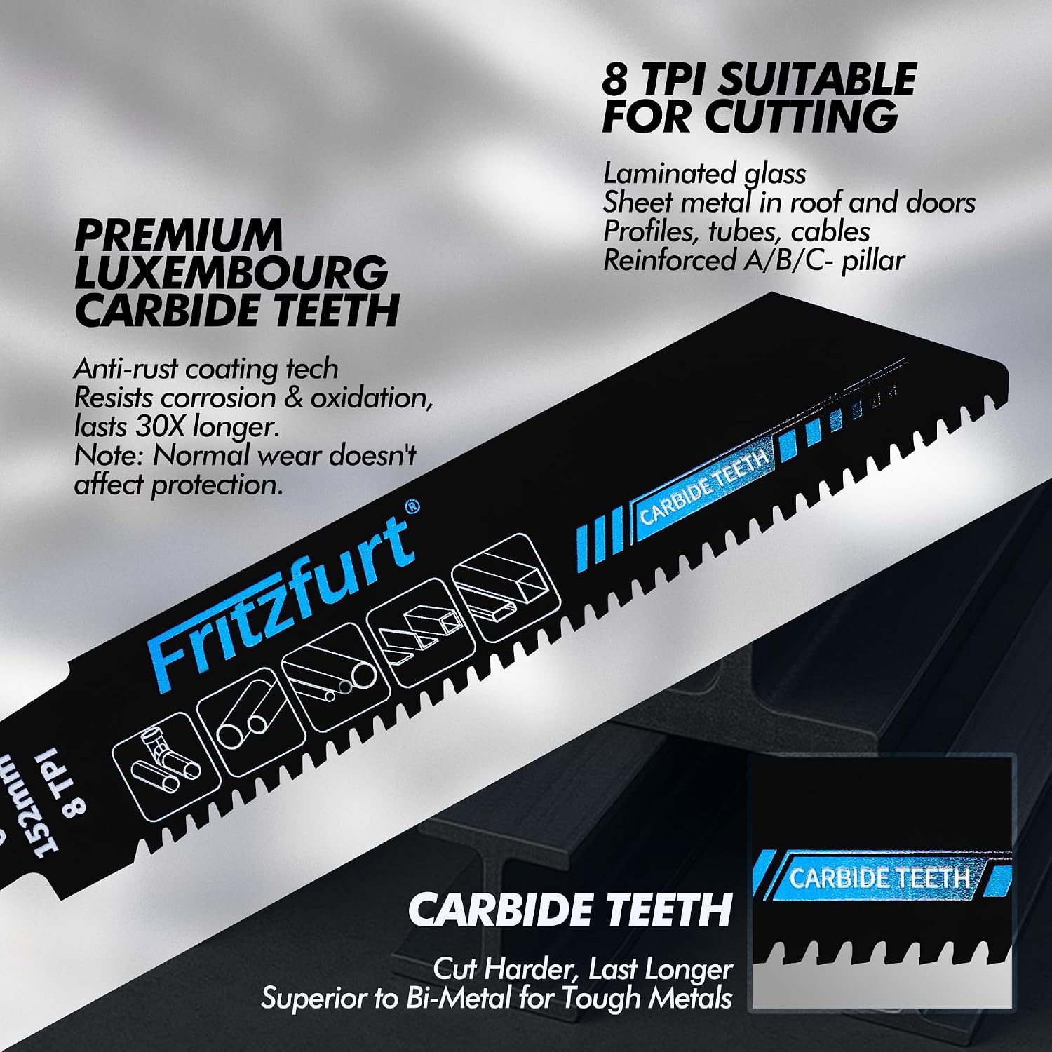 6-Inch Carbide Teeth Reciprocating Saw Blades, 8 TPI Metal Cutting Blade, 3 Pack – for Stainless Steel, Cast Iron, and High-Strength Alloys