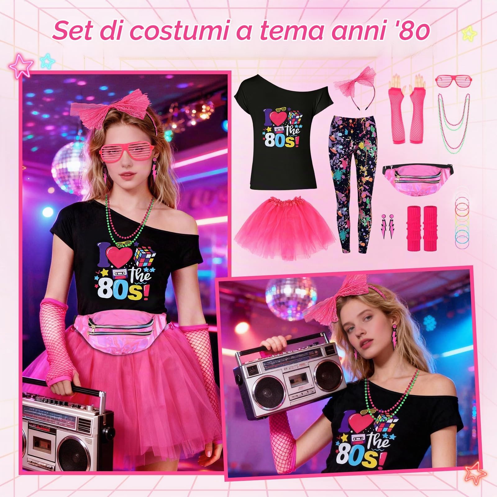 HuiJuKeJi Costume da Donna Anni '80 Accessori per Costume Retrò Anni '80 da Donna Abbigliamento Neon Magliette Feste a Tema Fluo Costume per Carnevale Accessori Retrò per Travestimento -L