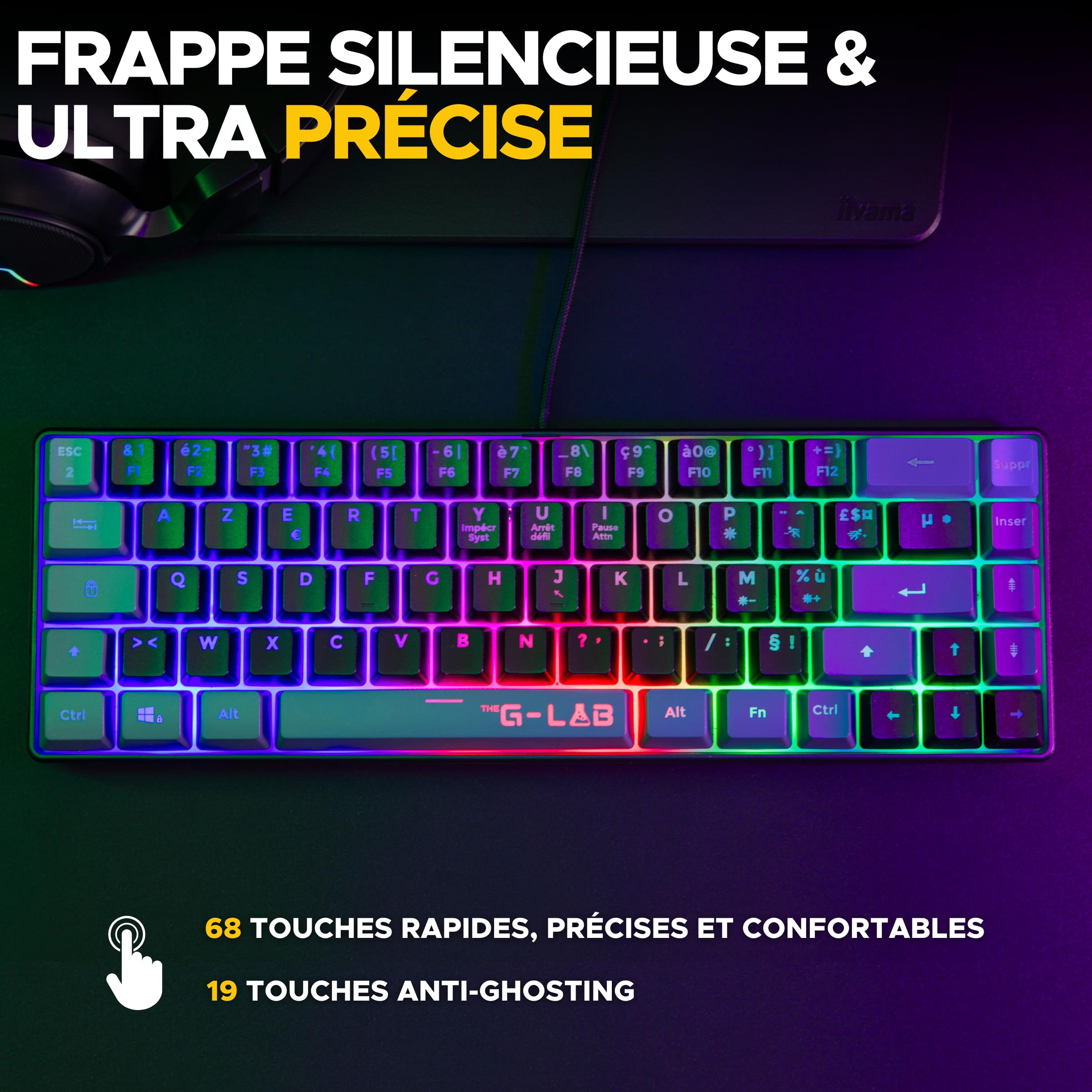 The G-Lab - Combo Hydrogen - Pack Clavier Souris Gamer, Clavier Gamer 65% Filaire, Rétroéclairage RGB, azerty, Format Compact + Souris Gaming RGB, 6 Boutons, 7200 DPI - PC/PS4/PS5 – Noir/Gris