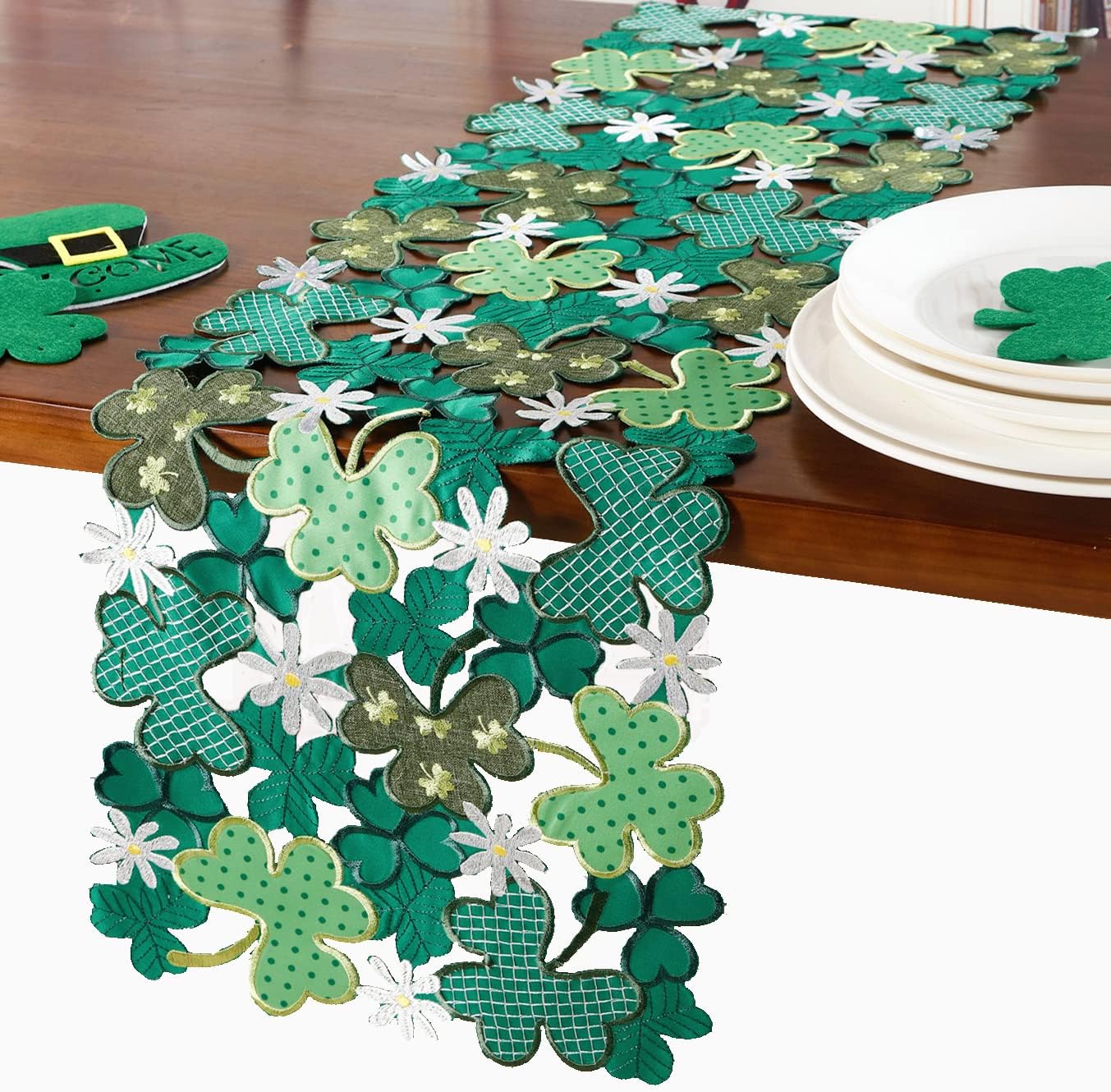 GRANDDECO St. Patrick's Day Table Runner,Applique Embroidered Cutwork Clover Dresser Scarf for Home Kitchen Dining Spring Irish Festival Tabletop Decoration (Clover, Runner 13X83(33X210cm)