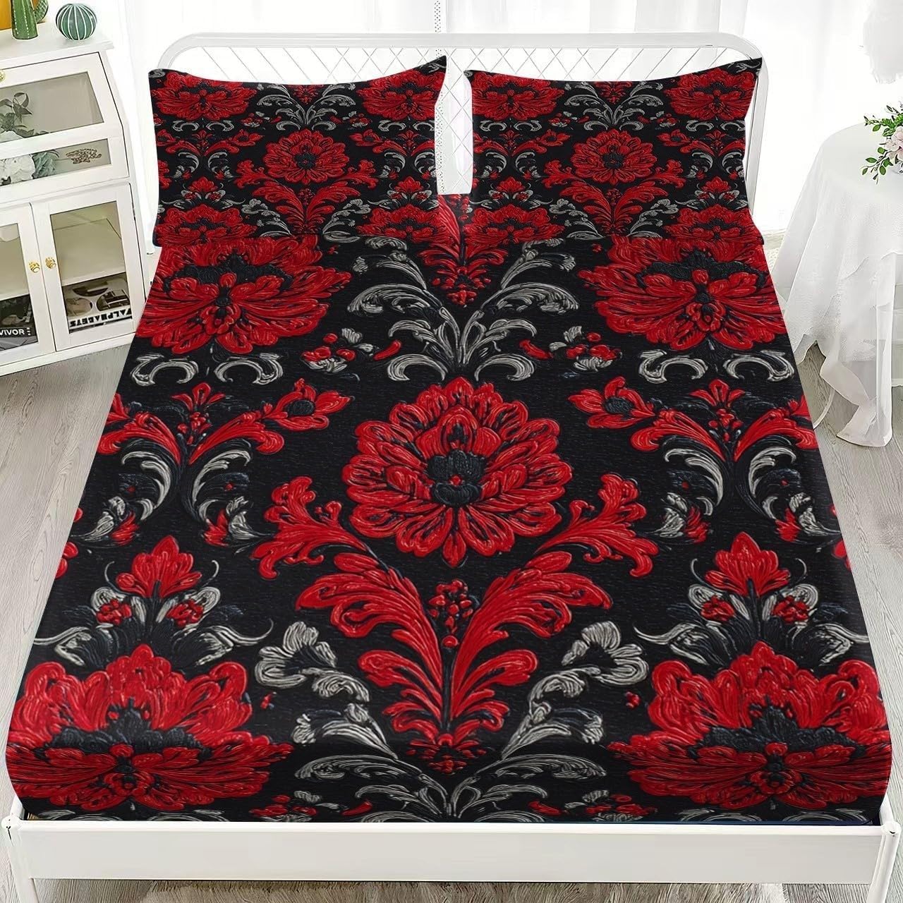Gothic Style Small Double Fitted Sheet Flowers Bed Sheets Deep Pocket 12 inch (30 cm) Soft Cozy 3 Piece Microfibre Bed Sheet 120x190 cm with 2 Pillowcases 50x75 cm