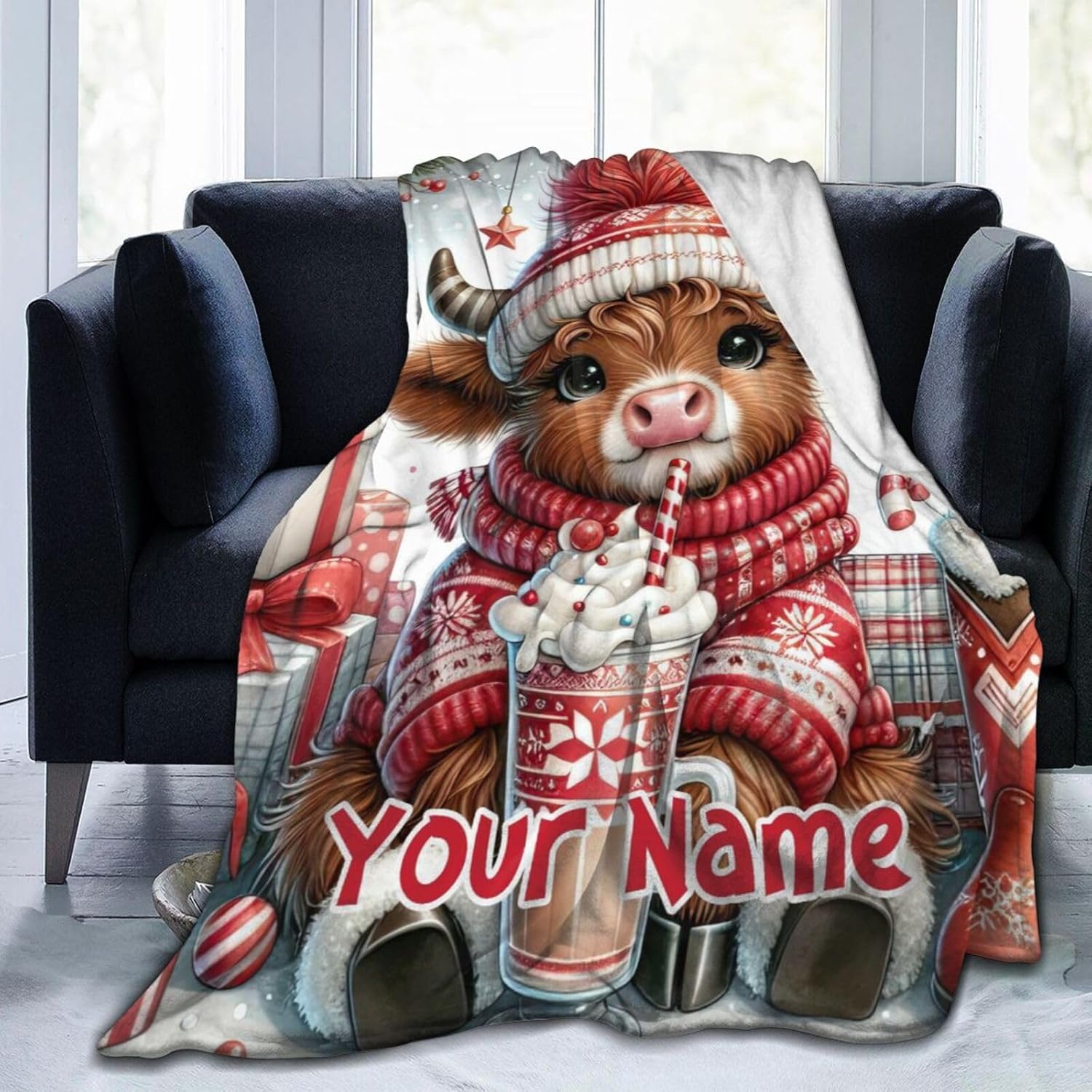 Custom Highland Cow Blanket 50" x 60", Cute Christmas Cows Blankets for Teens Adults, Soft Cozy Lightweight Flannel Throw for Lap Chair Sofa