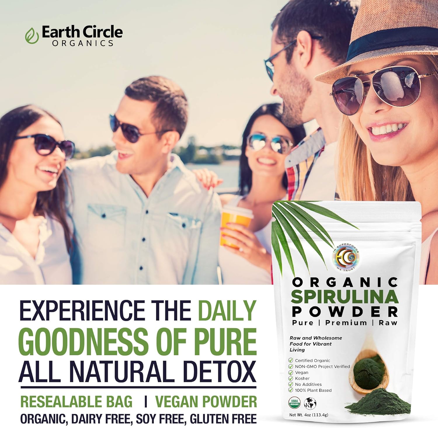 Earth Circle Organics | Organic Spirulina Powder, Kosher, Raw and Non-Irradiated | Pure Vegan Protein | Premium Superfood, High in Amino Acids and Antioxidants : Allspice Spices And Herbs : Health & Household