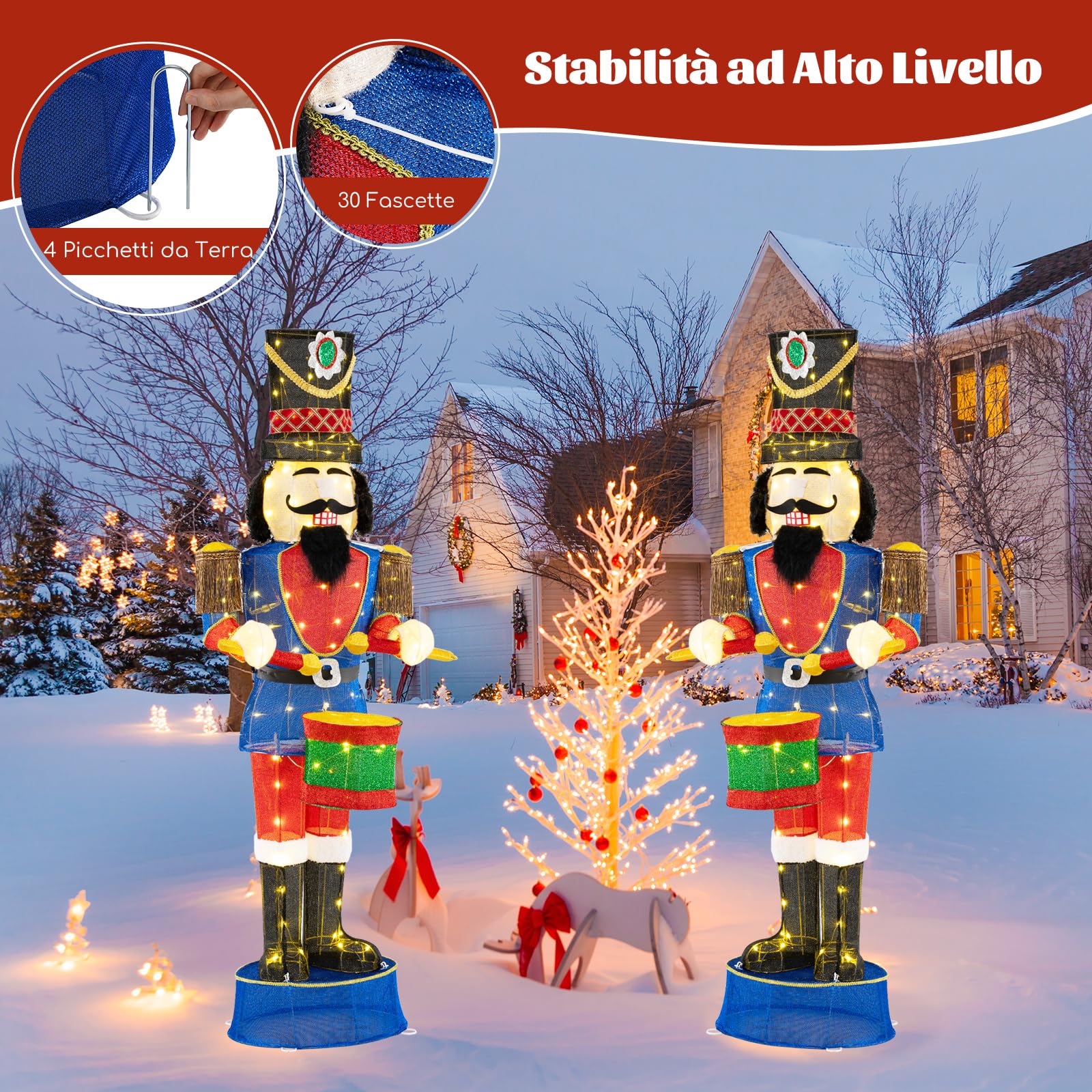 COSTWAY Soldato di Natale Illuminato 185 cm, Soldatino Schiaccianoci Illuminato con 100 Luci LED, Decorazioni Natalizie per Interno ed Esterno (Modello 2)