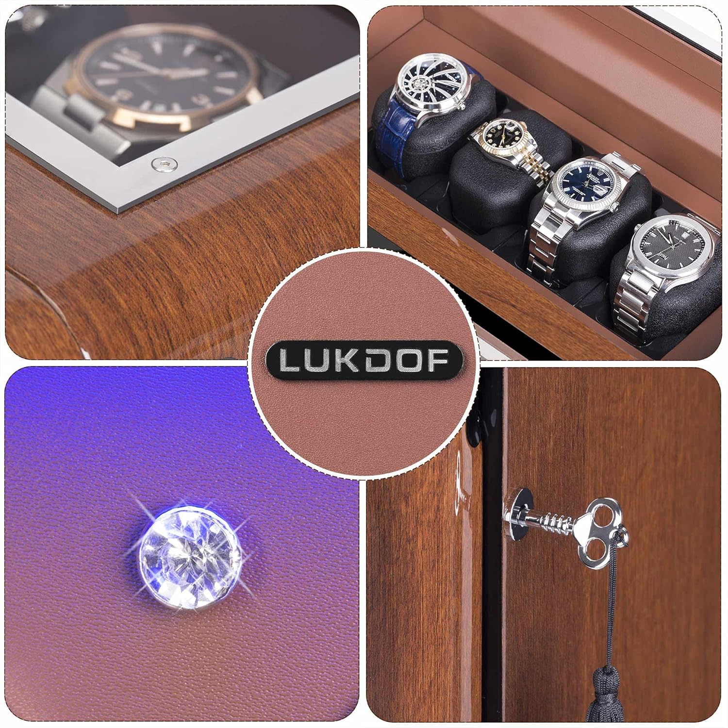 Automatic Watch Winder with 3 Quiet Running Motor Watch Winding LCD Display+ 4 Storage Box, Diamond Decorated, Walnut Watch Winder for Rolex with 5 Adjustable Upgraded Watch Pillows, AC Adapter