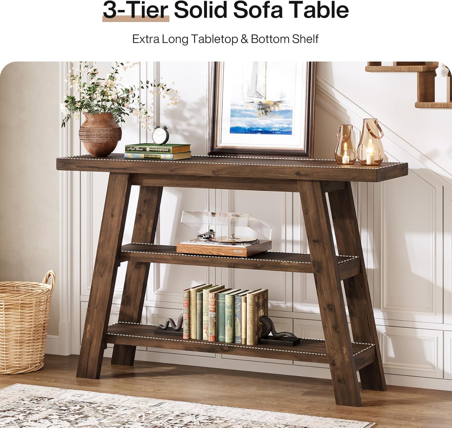 Solid Wood Console Table, 47.24" Long Farmhouse Entryway Table with 3-Tier Shelves, Rectangular Couch Tables Behind Sofa, Narrow Accent Tables for Hallway, Entrance, Foyer, Living Room (Dark Brown)