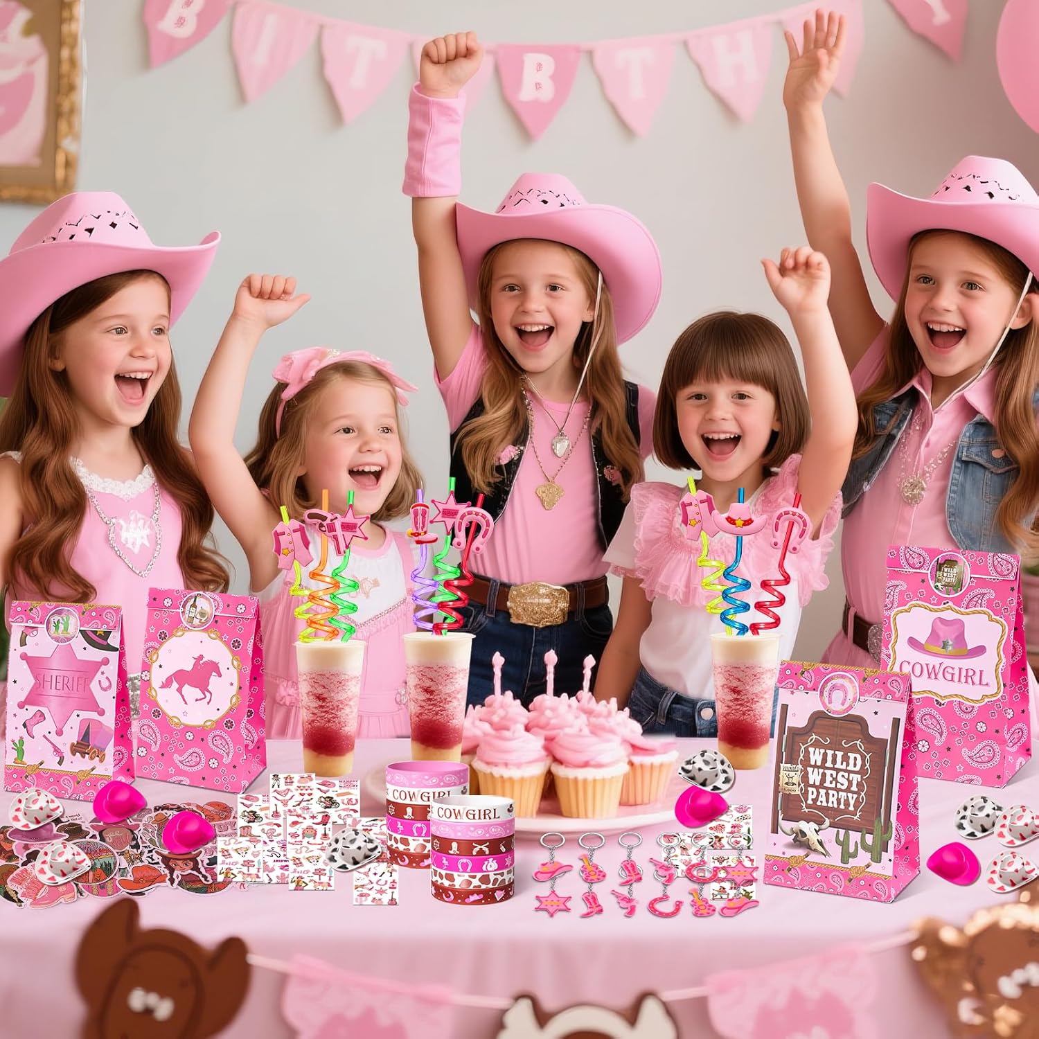 Winrayk 124Pcs Cowgirl Party Favors Hot Pink Birthday Supplies for Girls, Gift Bags Straws Silicone Wristband Mini Hat Keychain Tattoo Sticker, Hot Pink Rodeo Horse Disco Cowgirl Party Favors Supplies