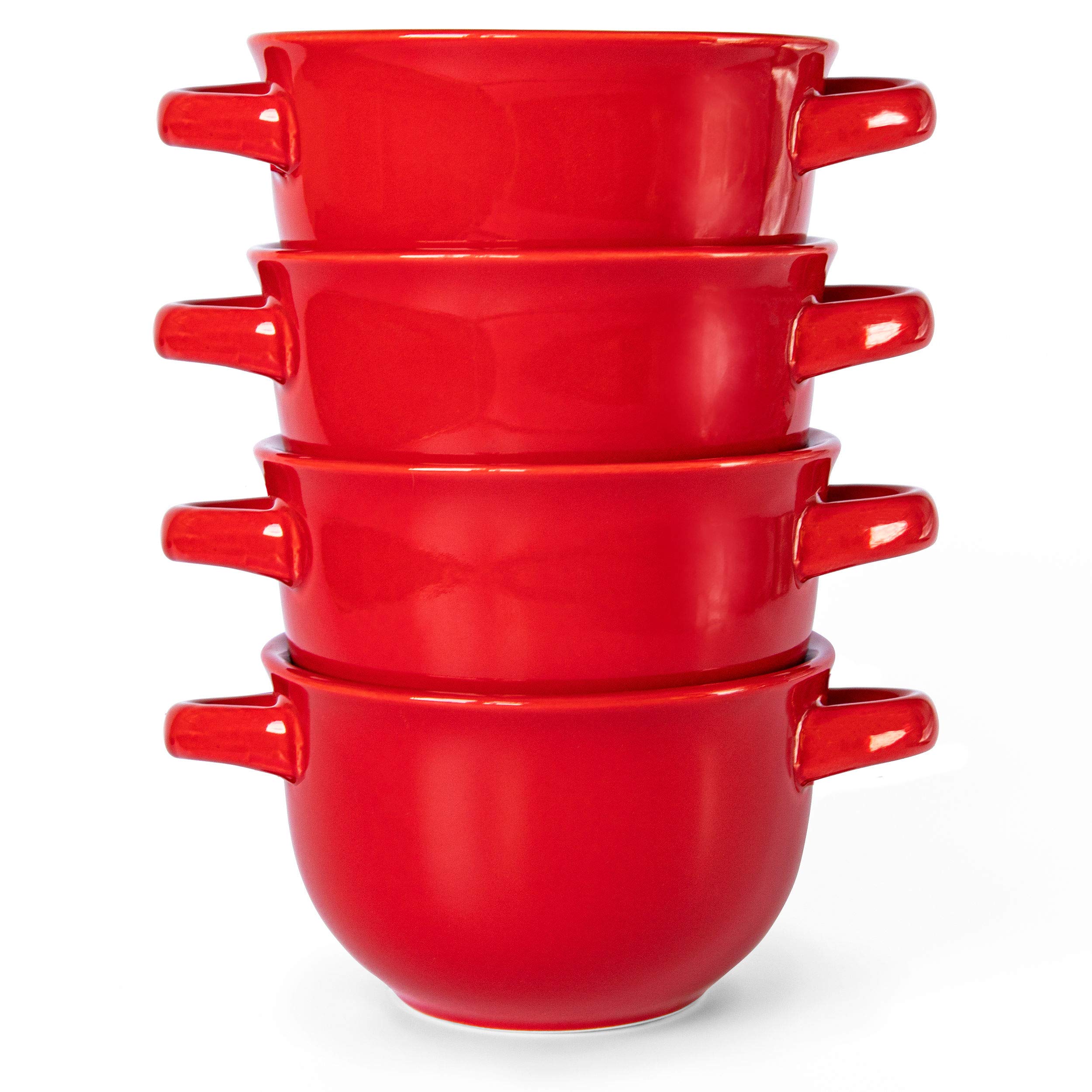 KooK Lot de 4 bols à soupe à l'oignon français avec poignées, pour riz, dessert, pâtes, lave-vaisselle, micro-ondes, four et gril, rouge, 530 ml