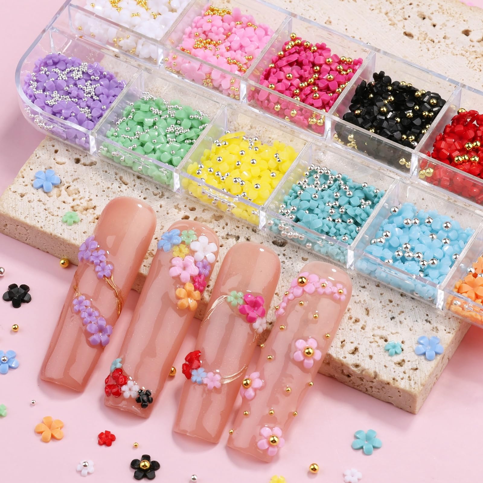 Dijes 3D coloridos para arte de uñas, acrílico blanco y rosa, flor de cerezo, pétalo de primavera, metal, oro, plata, cuentas redondas de caviar, perlas de diamantes de imitación para manicura y