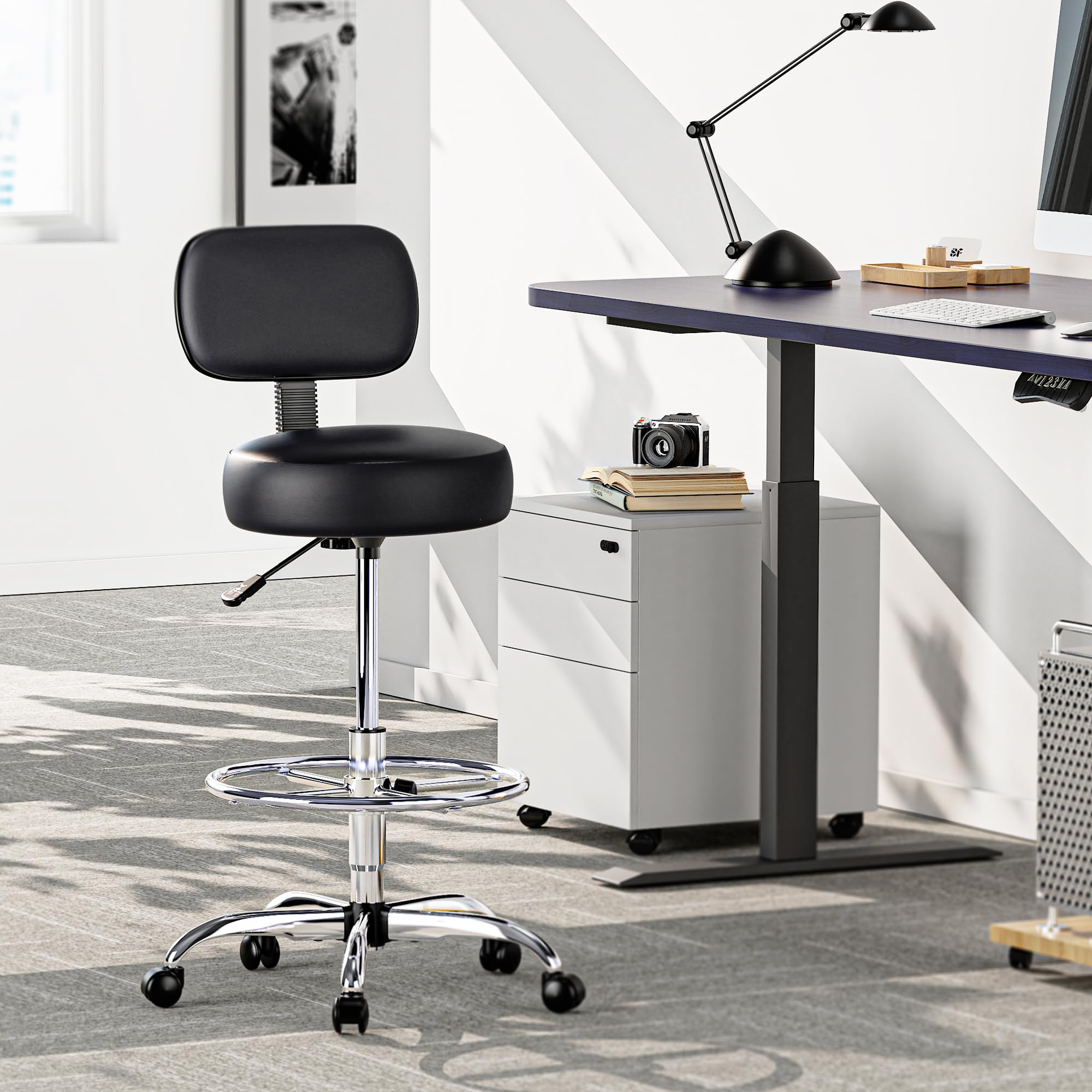 SUPERJARE Drafting Chair with Back Adjustable Foot Rest Rolling Stool Multi-Purpose Office Desk Chair Thick Seat Cushion for — view 2