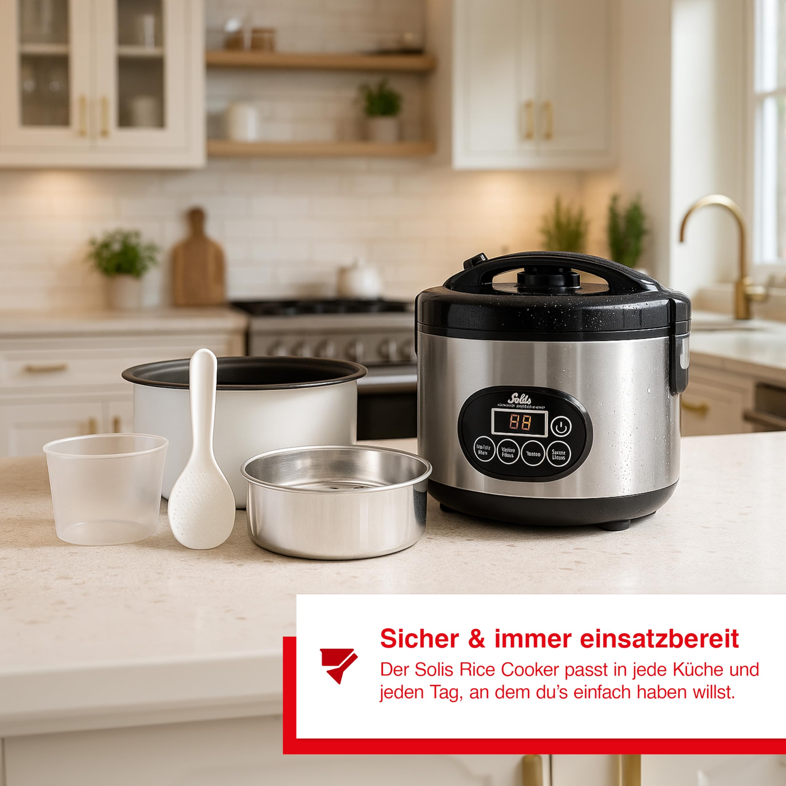 Solis Reiskocher Rice Cooker Duo Program - Reiskocher und Dampfgarer für 6 Tassen Reis - auch für Sushi Reis - Timer - Warmhaltefunktion - Inkl. Messbecher + Schöpflöffel - 1,2 L | Timer, Warmhaltefunktion, Antihaft-Innentopf, PFAS-frei, 500 W