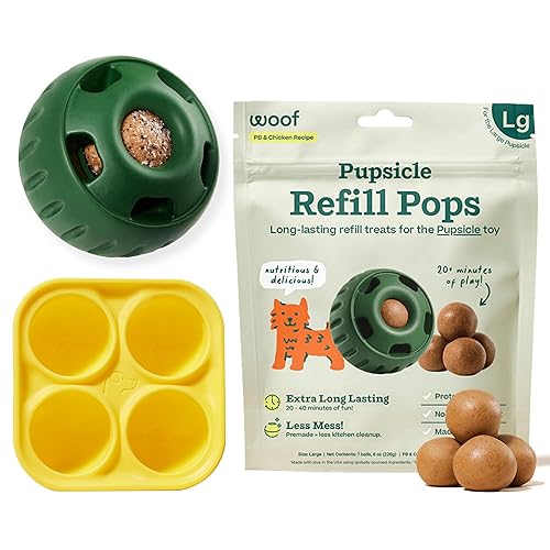 WOOF Starter Pack - Interactive Dog Ball Toy for Boredom - Dog Treat Molds Silicone - Chicken-Flavored Healthy Treats for Dogs - Pupsicle Doggy Enrichment Toy - for Large Pups - 25-75 lbs - Lg Pupsicle + Lg Tray + Lg Chicken Pops
