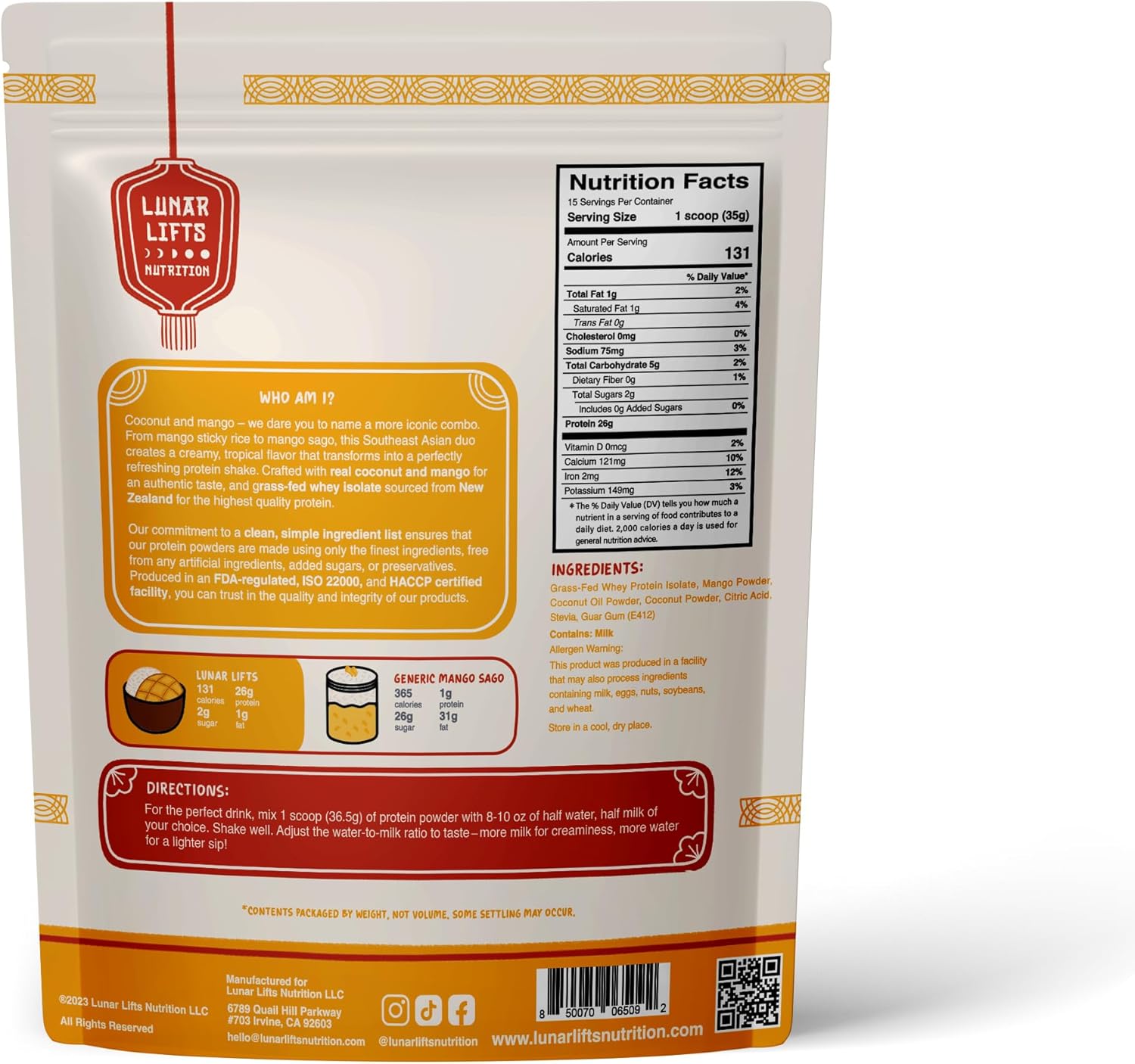 Lunar Lifts Nutrition Coconut Mango Cream - Boba Tea Whey Protein Isolate | 26 Grams Grass-fed Whey Isolate Protein per Serving Protein Powder | No Added Sugars or Artificial Ingredients Protein Shake