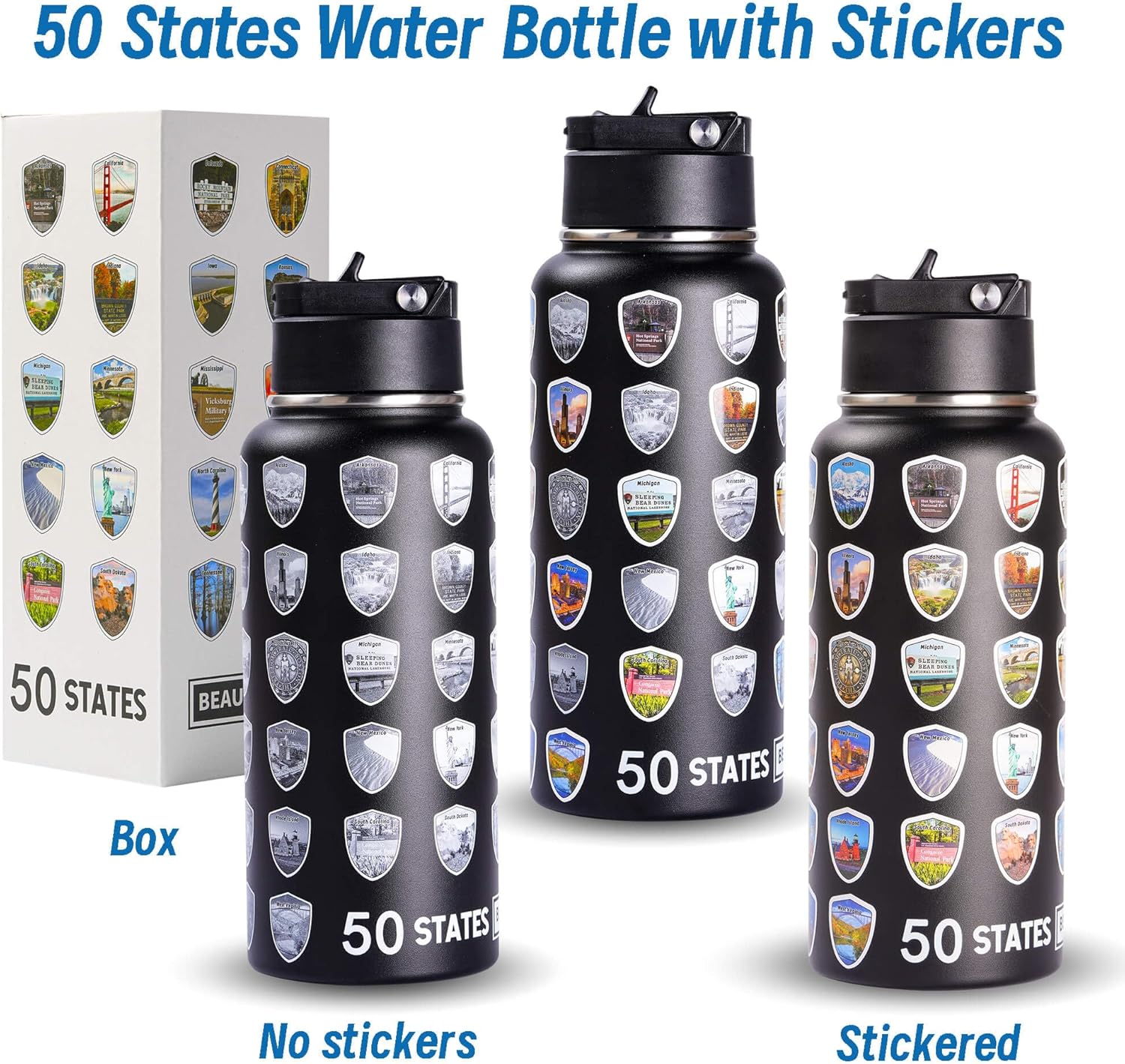 50 States Water Bottle with Stickers, National Parks Water Bottle, Stainless Steel Insulated Bottles with Straw,3D Printed,32 oz,Double Stickers,Gifts for Men,Black - Image 2